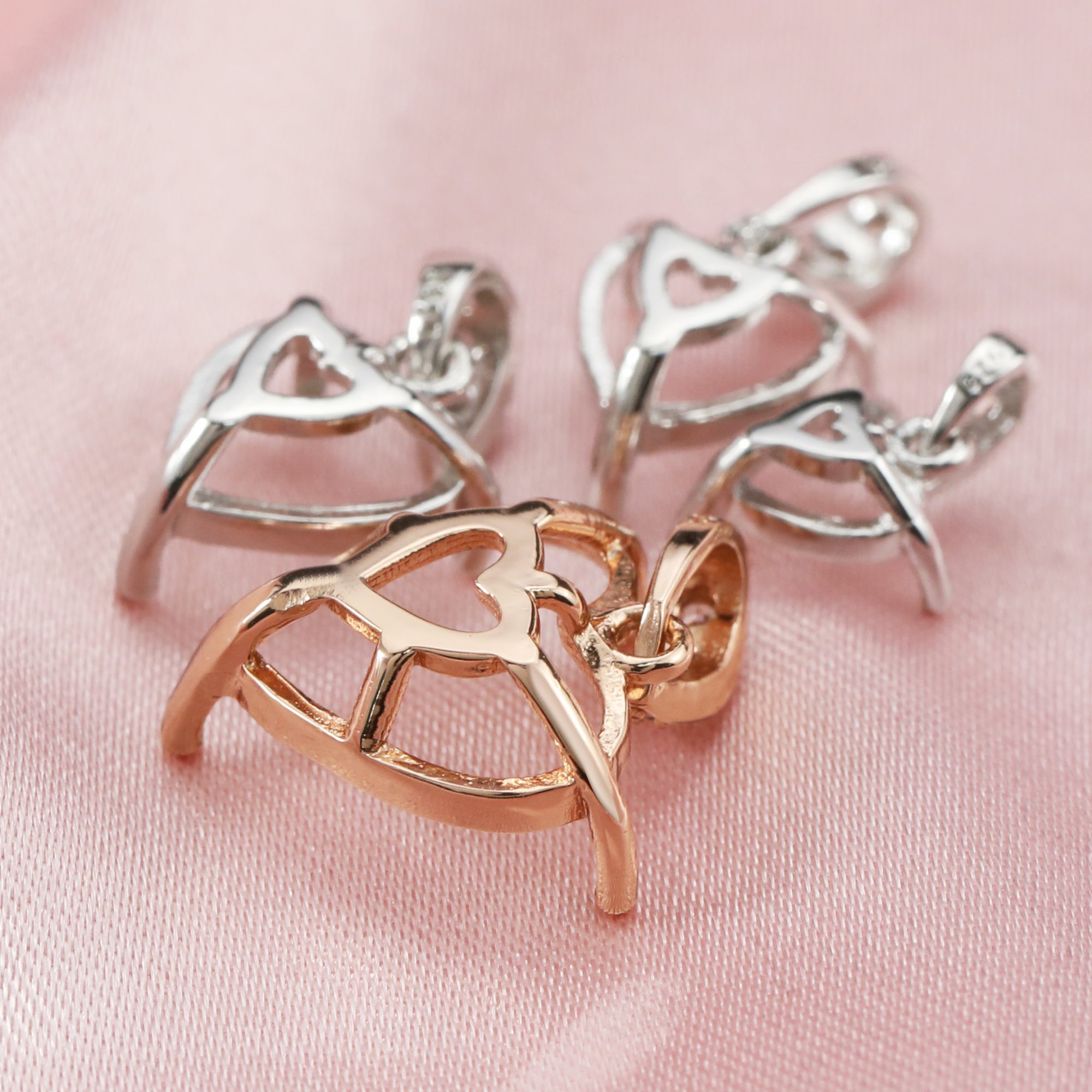 Solid 14K Gold Heart Prong Pendant Settings for Gemstone with Moissanite Accents DIY Supplies 1431035-1