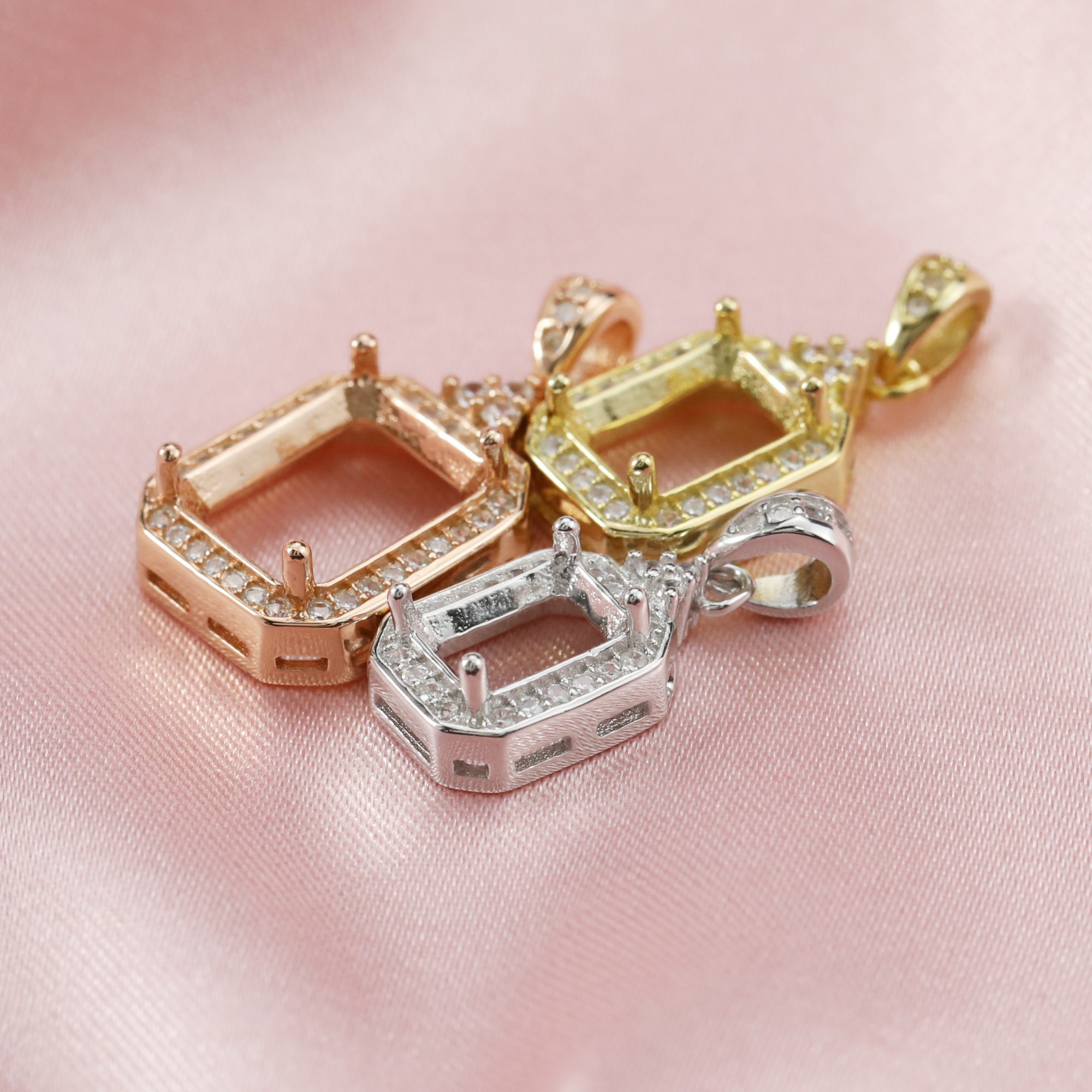 14K Solid Gold Rectangle Prong Pendant Settings for Gemstone with Moissanite Accents Keepsake Breast Milk DIY Supplies 1431043-1