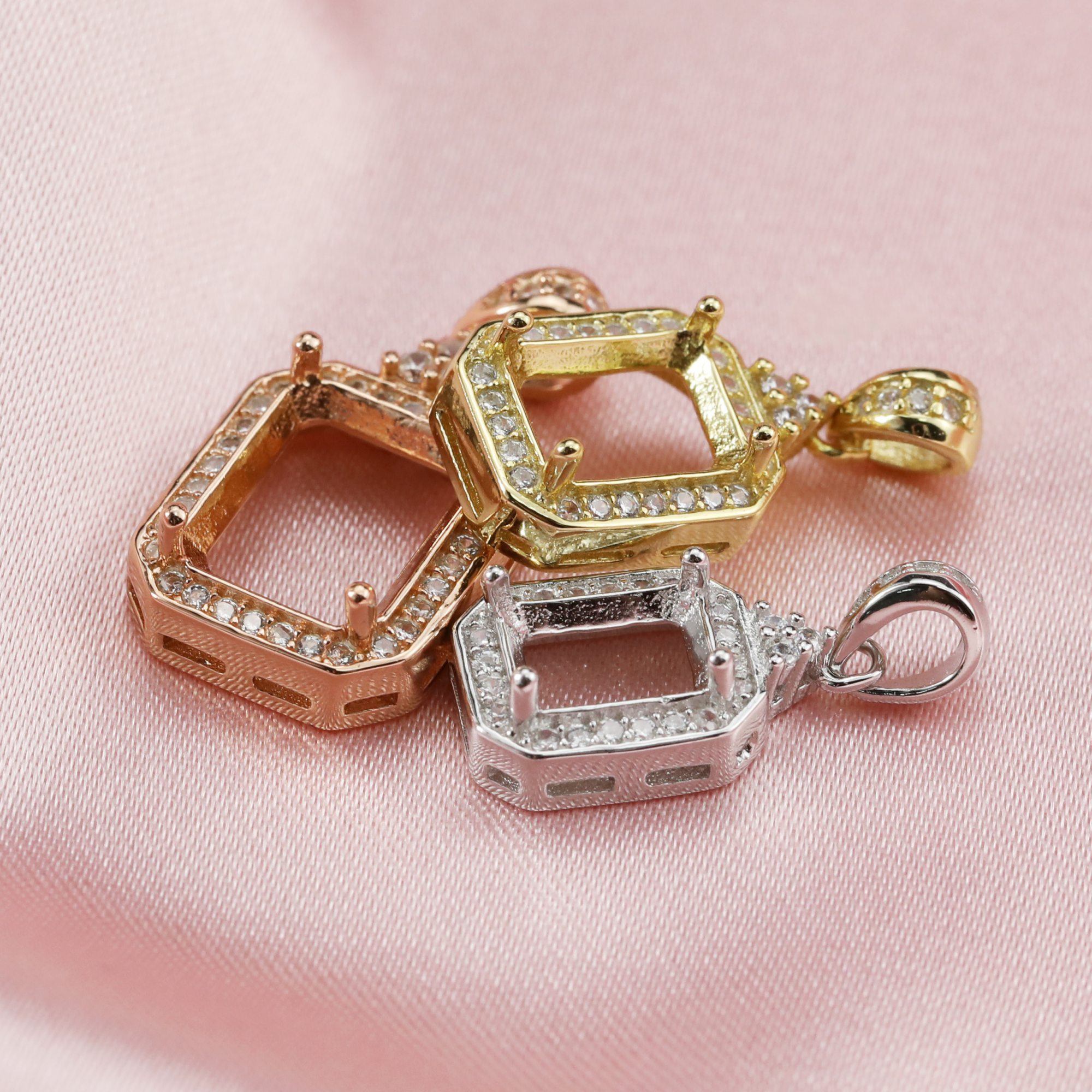 14K Solid Gold Rectangle Prong Pendant Settings for Gemstone with Moissanite Accents Keepsake Breast Milk DIY Supplies 1431043-1