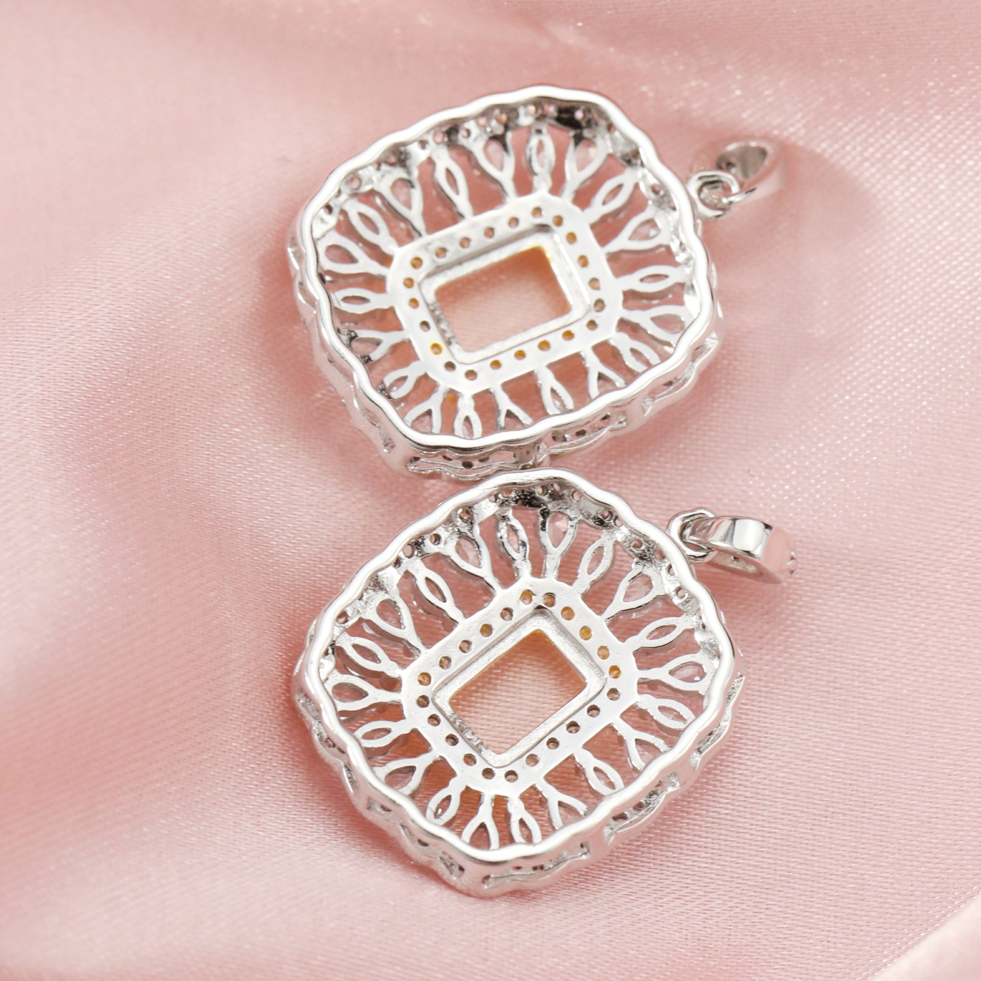 Keepsake Breast Milk Flower Art Deco 5x7MM Rectangle Prong Pendant Settings Solid 14K Gold Moissanite Accents DIY Gemstone Charm Bezel 1431050-1