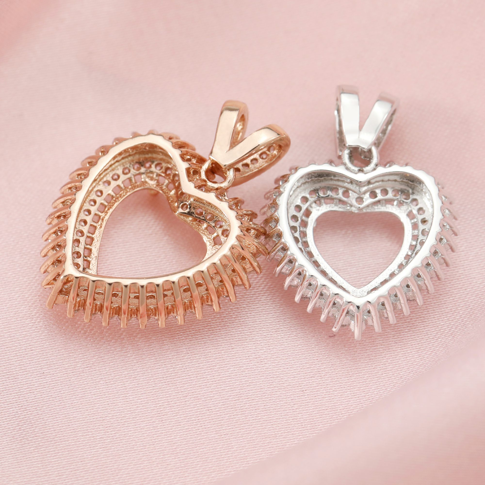 Keepsake Breast Milk Double Halo Heart Prong Pendant Settings Solid 14K Gold Moissanite Accents DIY Gemstone Charm Bezel 1431057-1