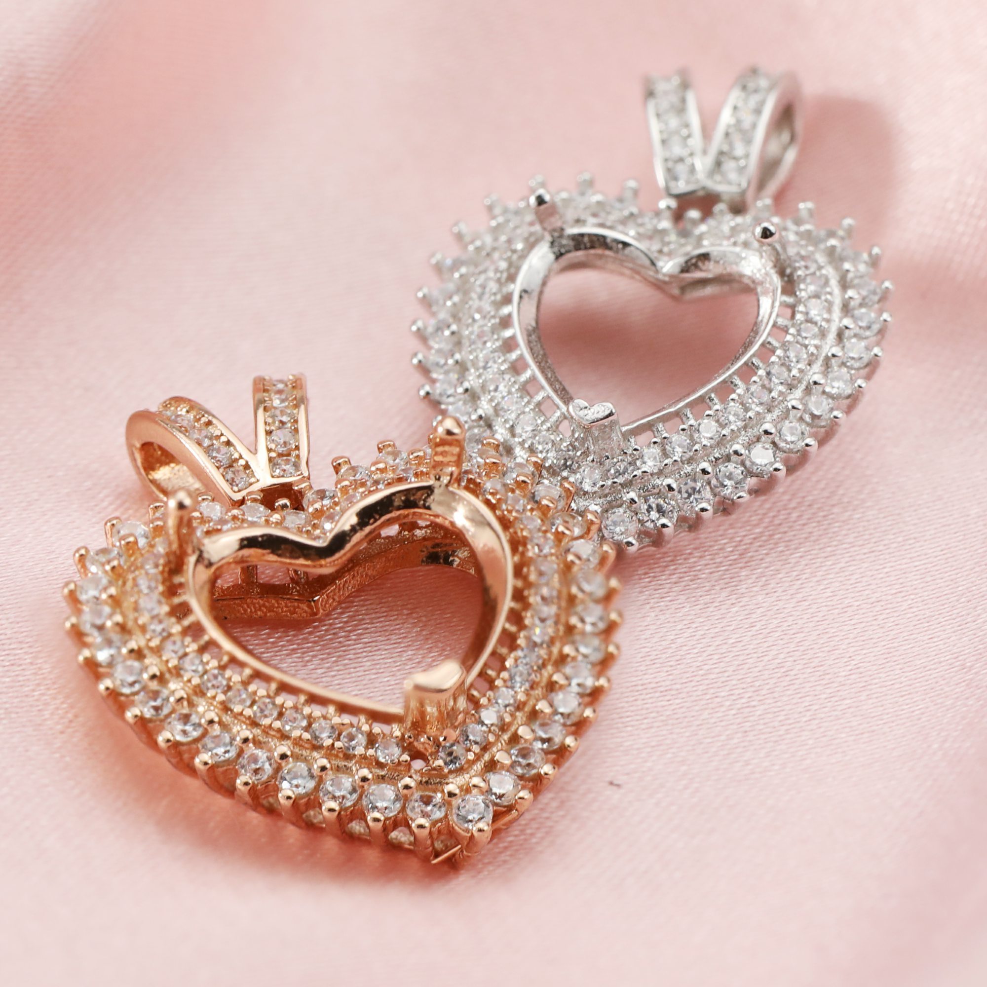 Keepsake Breast Milk Double Halo Heart Prong Pendant Settings Solid 14K Gold Moissanite Accents DIY Gemstone Charm Bezel 1431057-1