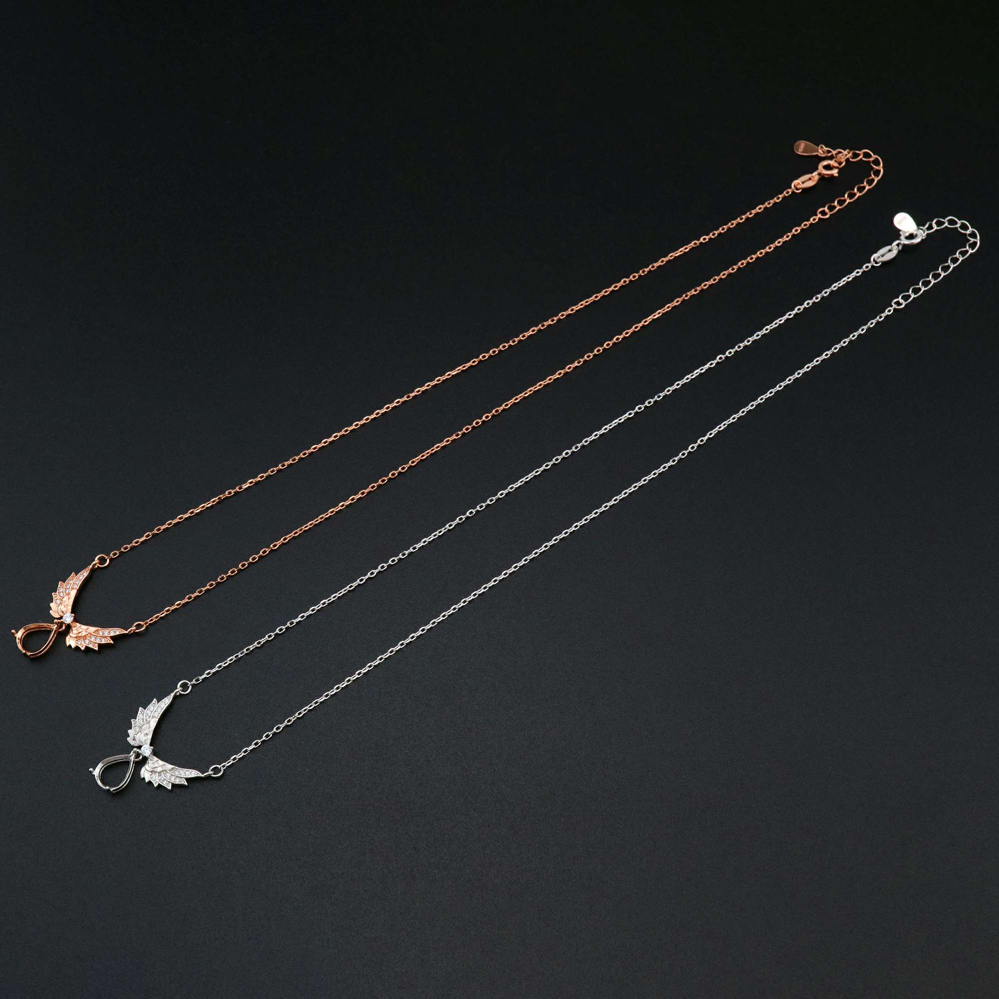 1Pcs 7x9MM Pear Prong Pendant Settings Necklace Angel Wing Rose Gold Plated Solid 925 Sterling Silver Charm Bezel Tray DIY Supplies 16''+2'' 1431063 - Click Image to Close