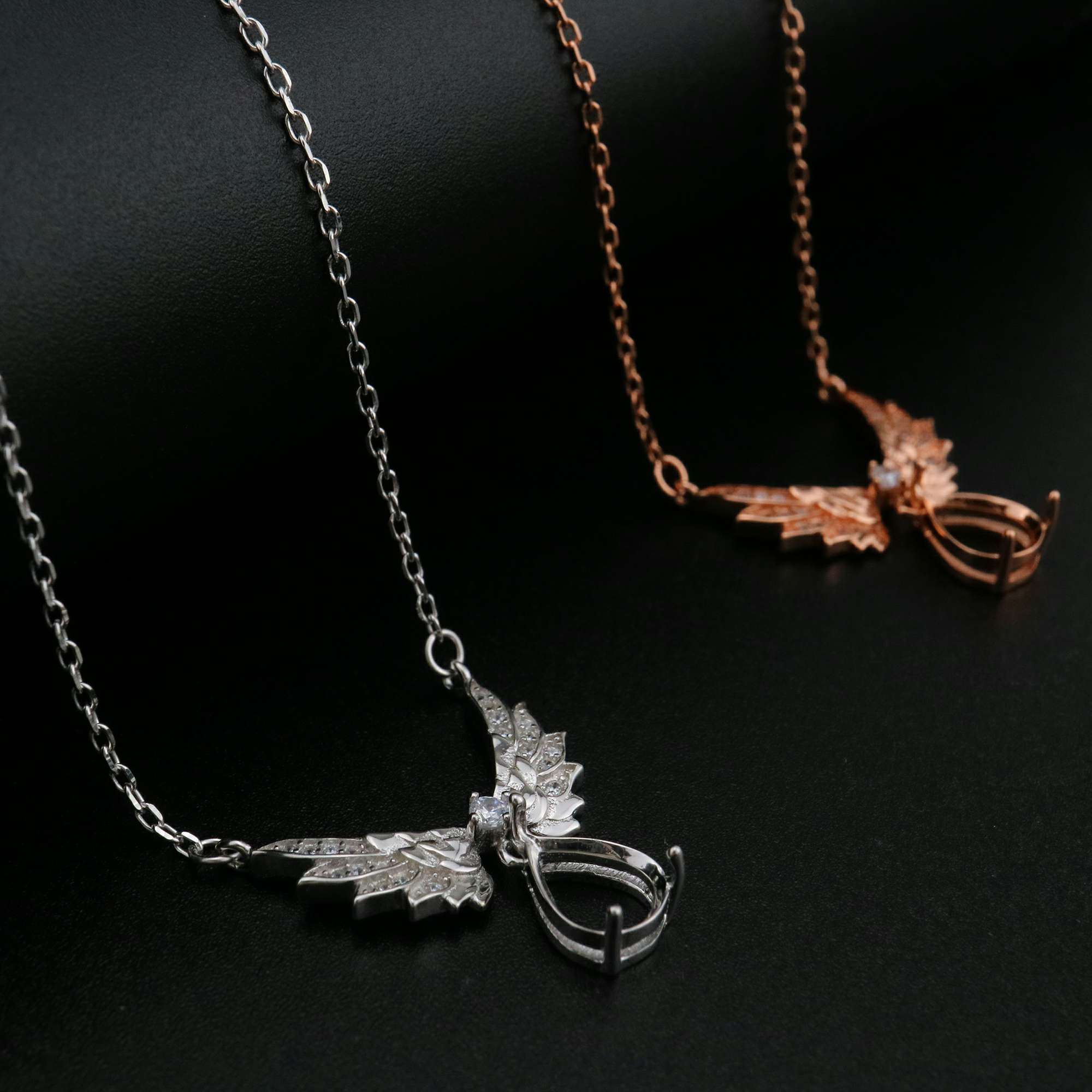 1Pcs 7x9MM Pear Prong Pendant Settings Necklace Angel Wing Rose Gold Plated Solid 925 Sterling Silver Charm Bezel Tray DIY Supplies 16''+2'' 1431063 - Click Image to Close