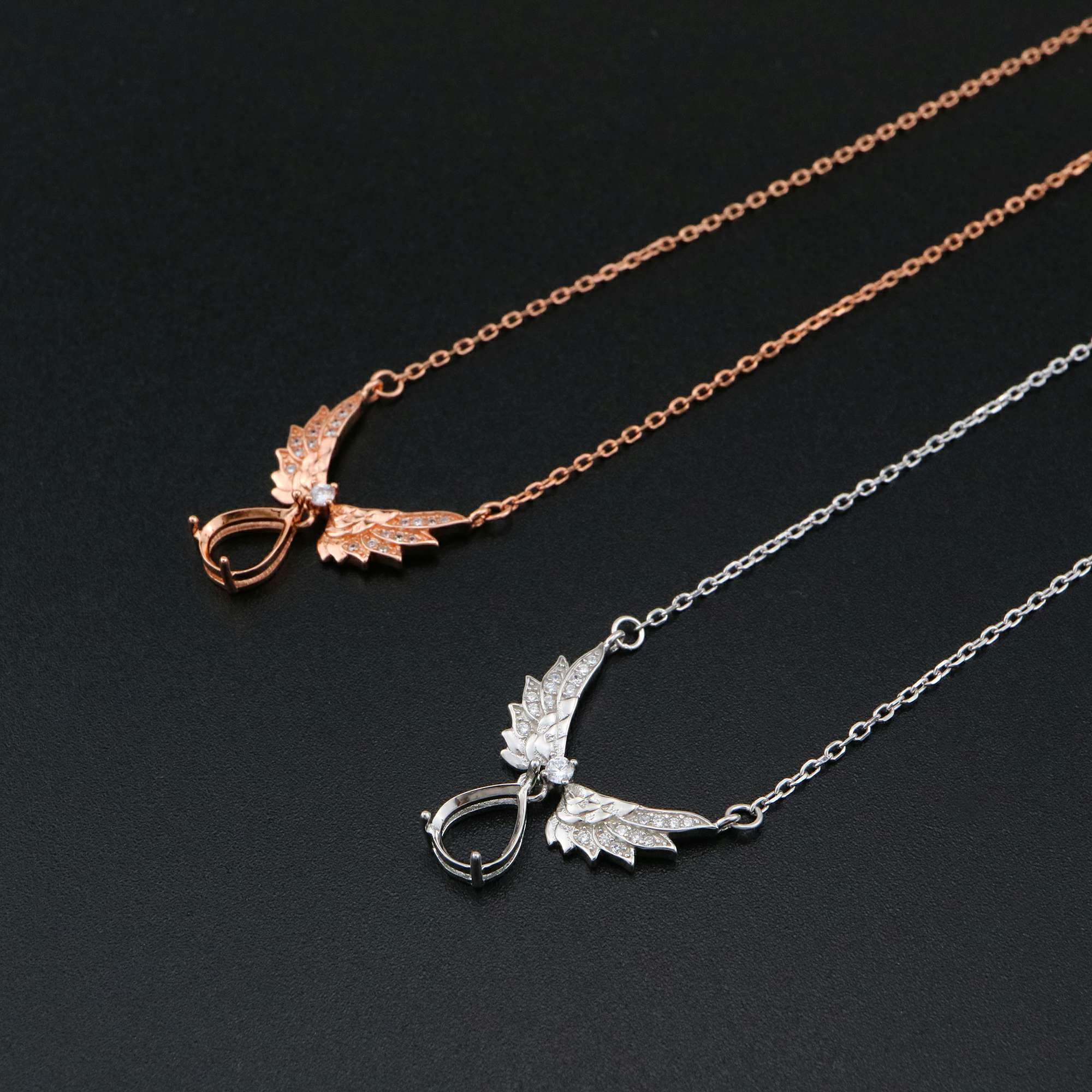 1Pcs 7x9MM Pear Prong Pendant Settings Necklace Angel Wing Rose Gold Plated Solid 925 Sterling Silver Charm Bezel Tray DIY Supplies 16''+2'' 1431063 - Click Image to Close