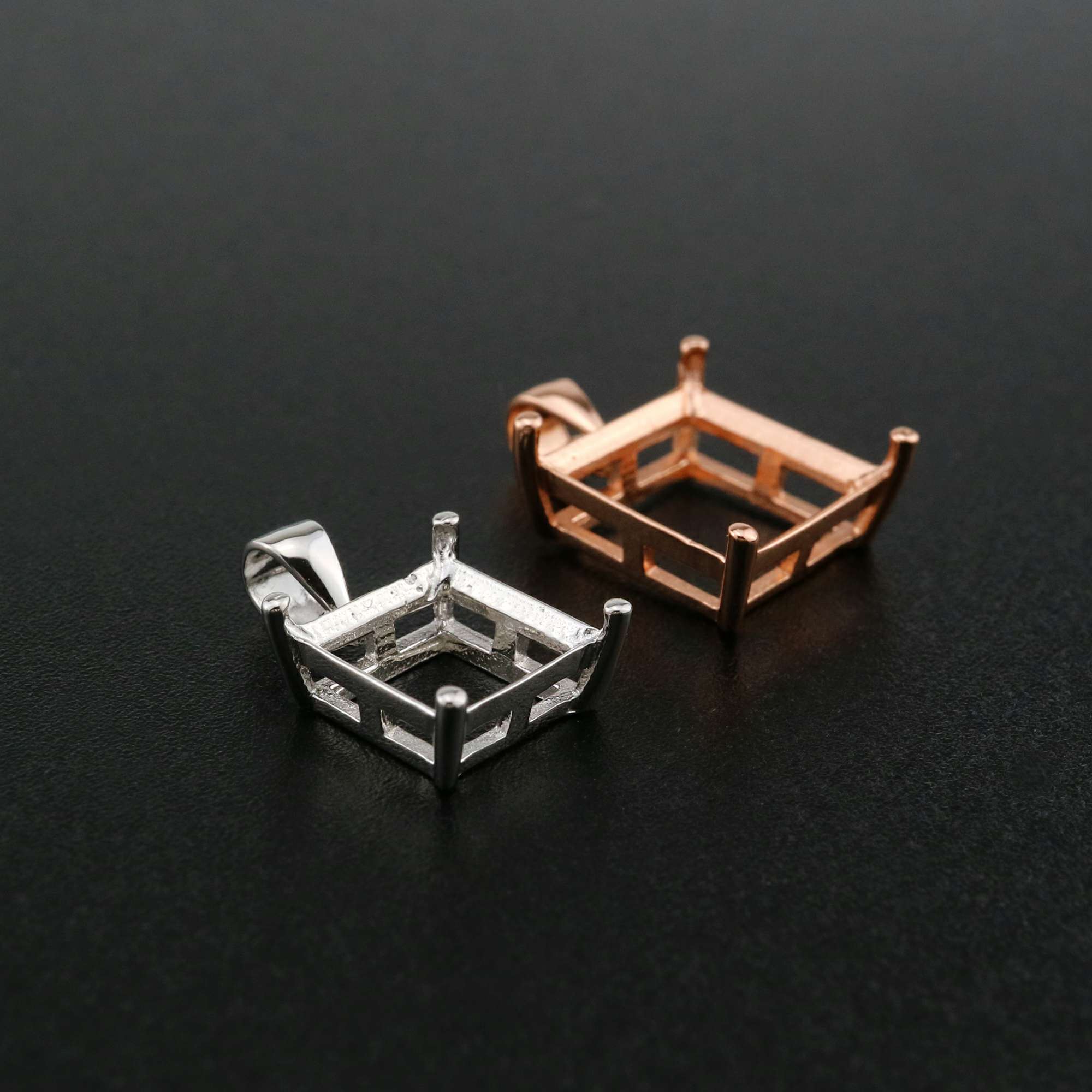 1Pcs 5-10MM Square Prong Pendant Charm Settings Simple Rose Gold Plated Solid 925 Sterling Silver DIY Bezel Tray for Gemstone 1431067 - Click Image to Close