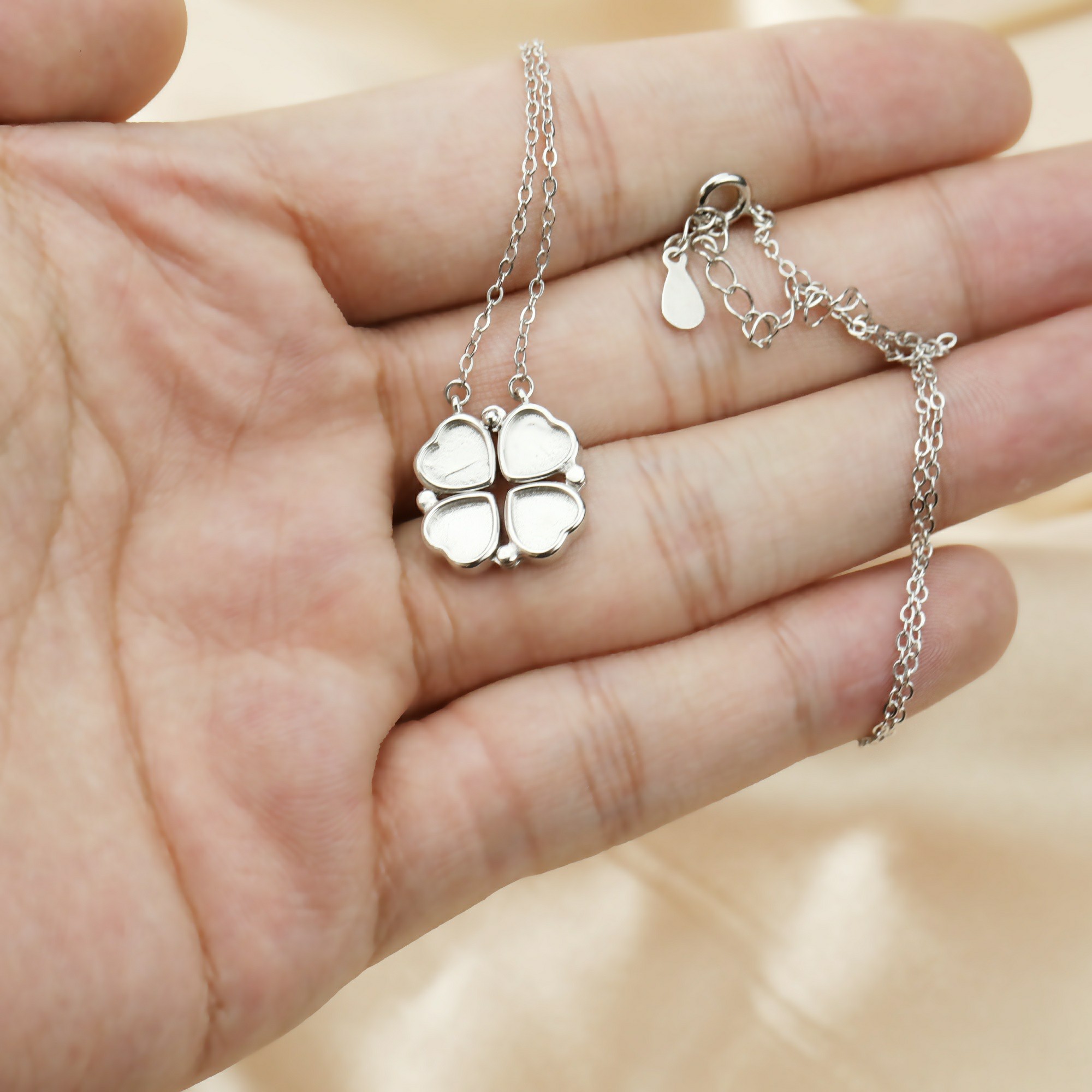 Double Sides 6MM Heart Bezel Settings for Breast Milk Resin Solid 925 Sterling Silver Pedant Necklace 16''+2'' 1431090