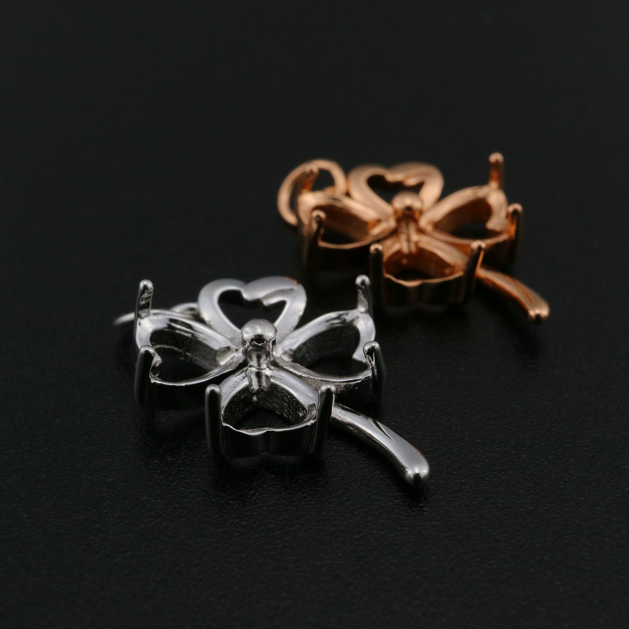 6MM Heart Prong Pendant Settings Lucky Four Leaf Clover Solid 925 Sterling Silver Rose Gold Plated Charm Bezel DIY Gemstone Supplies 1431091 - Click Image to Close