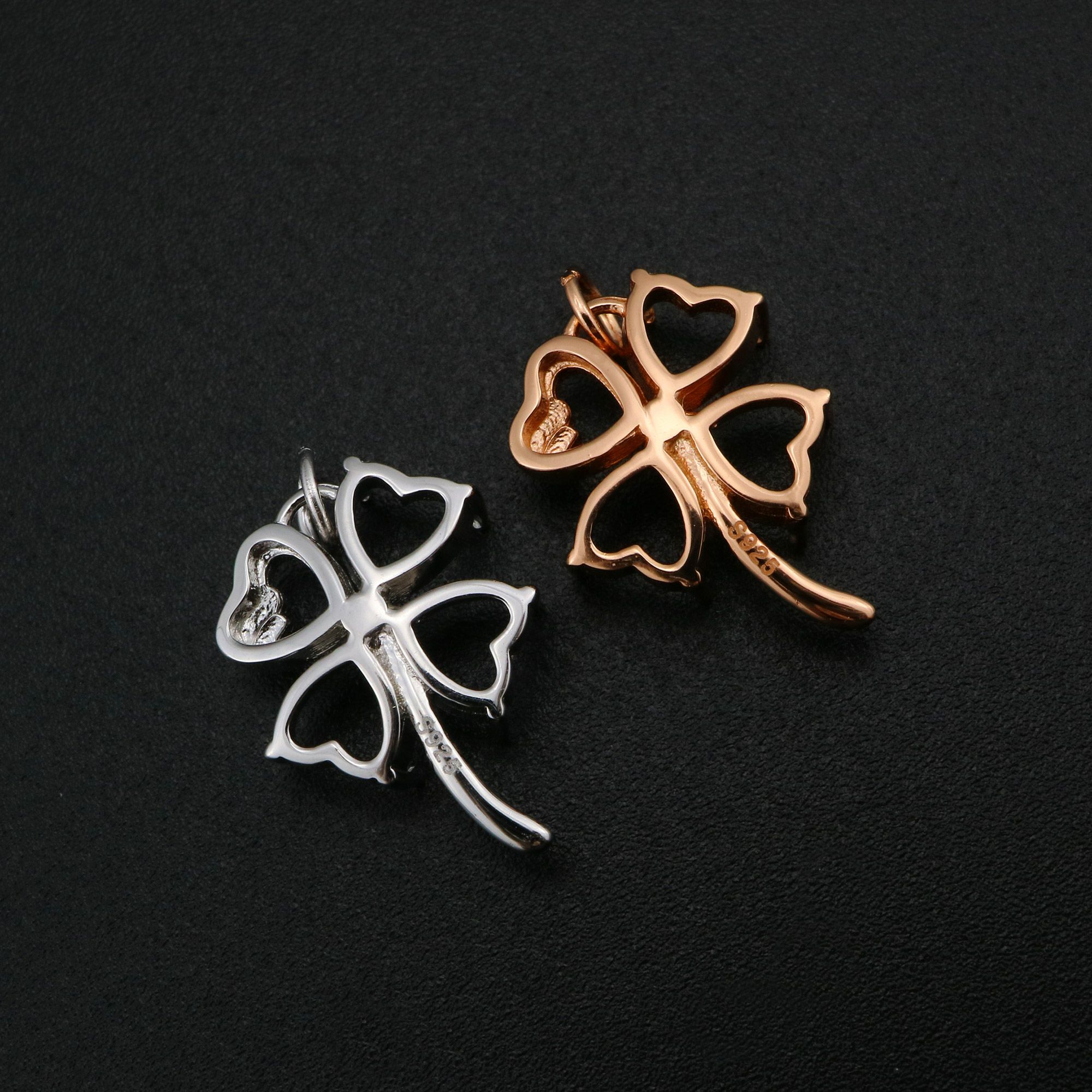 6MM Heart Prong Pendant Settings Lucky Four Leaf Clover Solid 925 Sterling Silver Rose Gold Plated Charm Bezel DIY Gemstone Supplies 1431091 - Click Image to Close