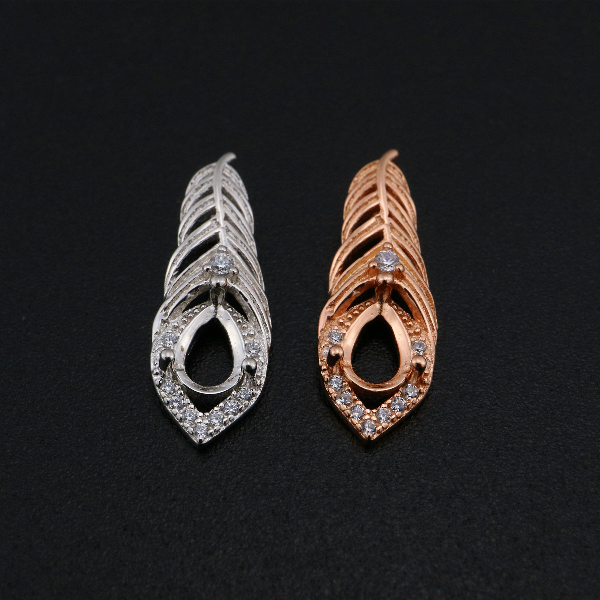 4x6MM Pear Prong Pendant Settings Feather Solid 925 Sterling Silver Rose Gold Plated Charm Bezel DIY Gemstone Supplies 1431092 - Click Image to Close