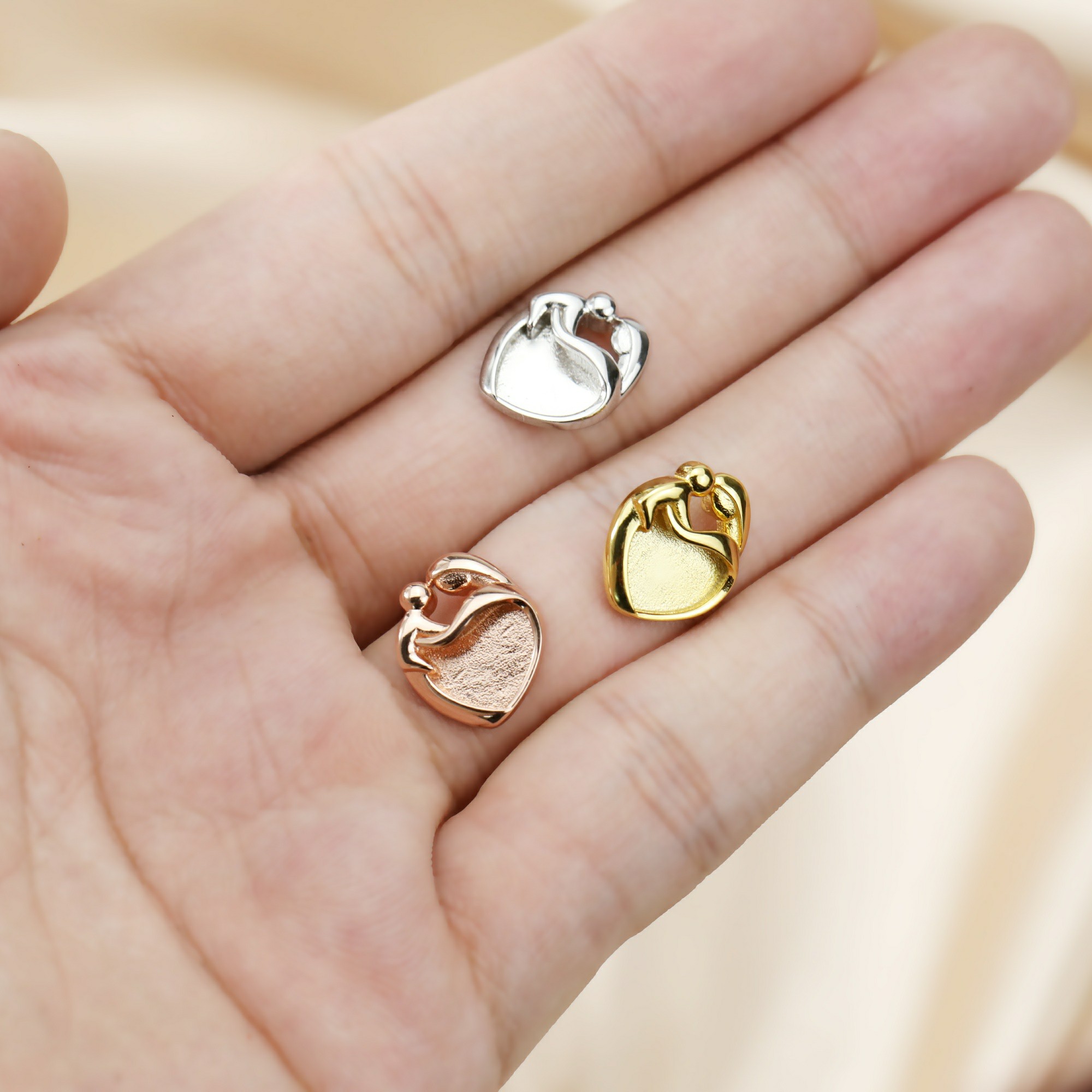 9MM Heart Bezel Settings Mother Baby Love for Breast Milk Resin Solid Back Rose Gold Plated Solid 925 Sterling Silver DIY Pendant Bezel Supplies 1431096 - Click Image to Close