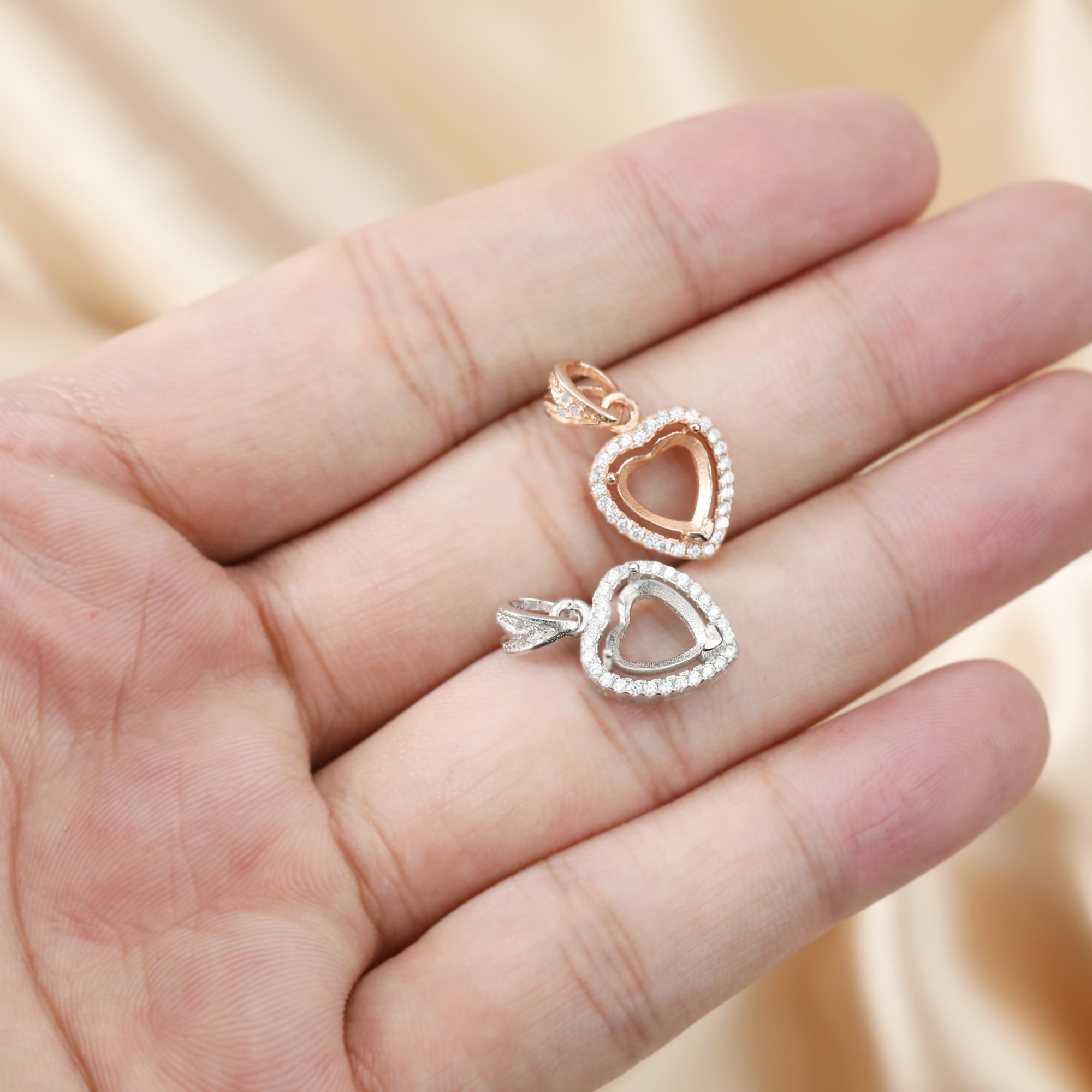 8-12MM Heart Prong Pendant Halo Settings Rose Gold Plated Solid 925 Sterling Silver DIY Supplies 1431108 - Click Image to Close