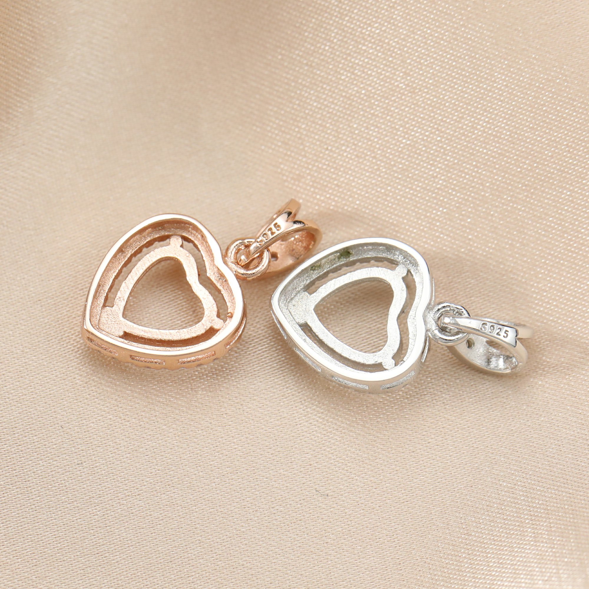 8-12MM Heart Prong Pendant Halo Settings Rose Gold Plated Solid 925 Sterling Silver DIY Supplies 1431108 - Click Image to Close