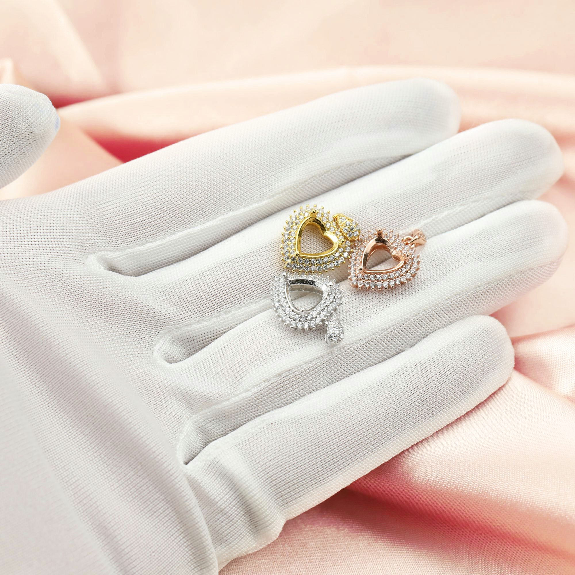 Double Halo Heart Pendant Prong Settings Solid 14K Gold with Moissanite Accents Charm Bezel 1431119-1