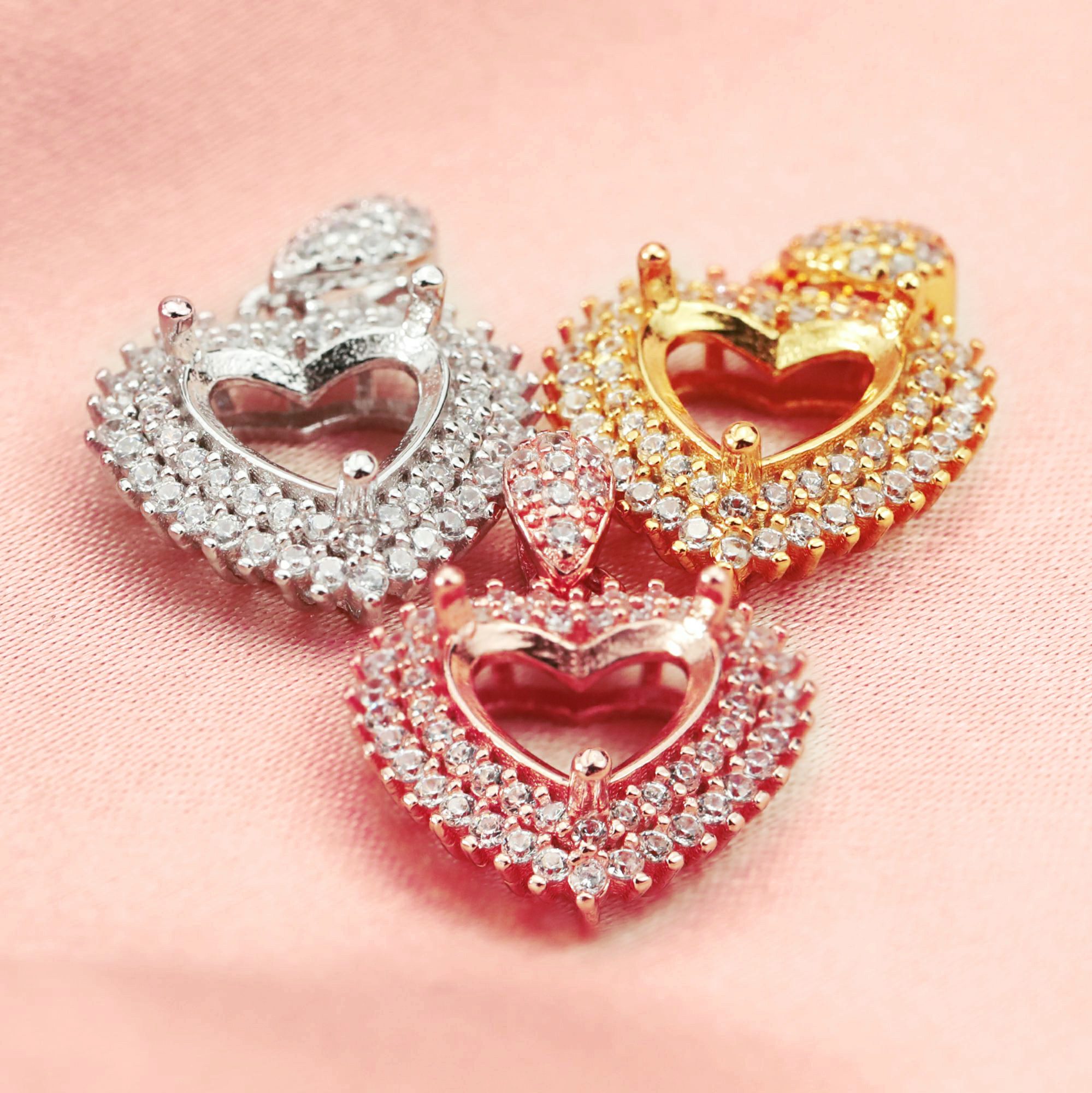 Double Halo Heart Pendant Prong Settings Solid 14K Gold with Moissanite Accents Charm Bezel 1431119-1