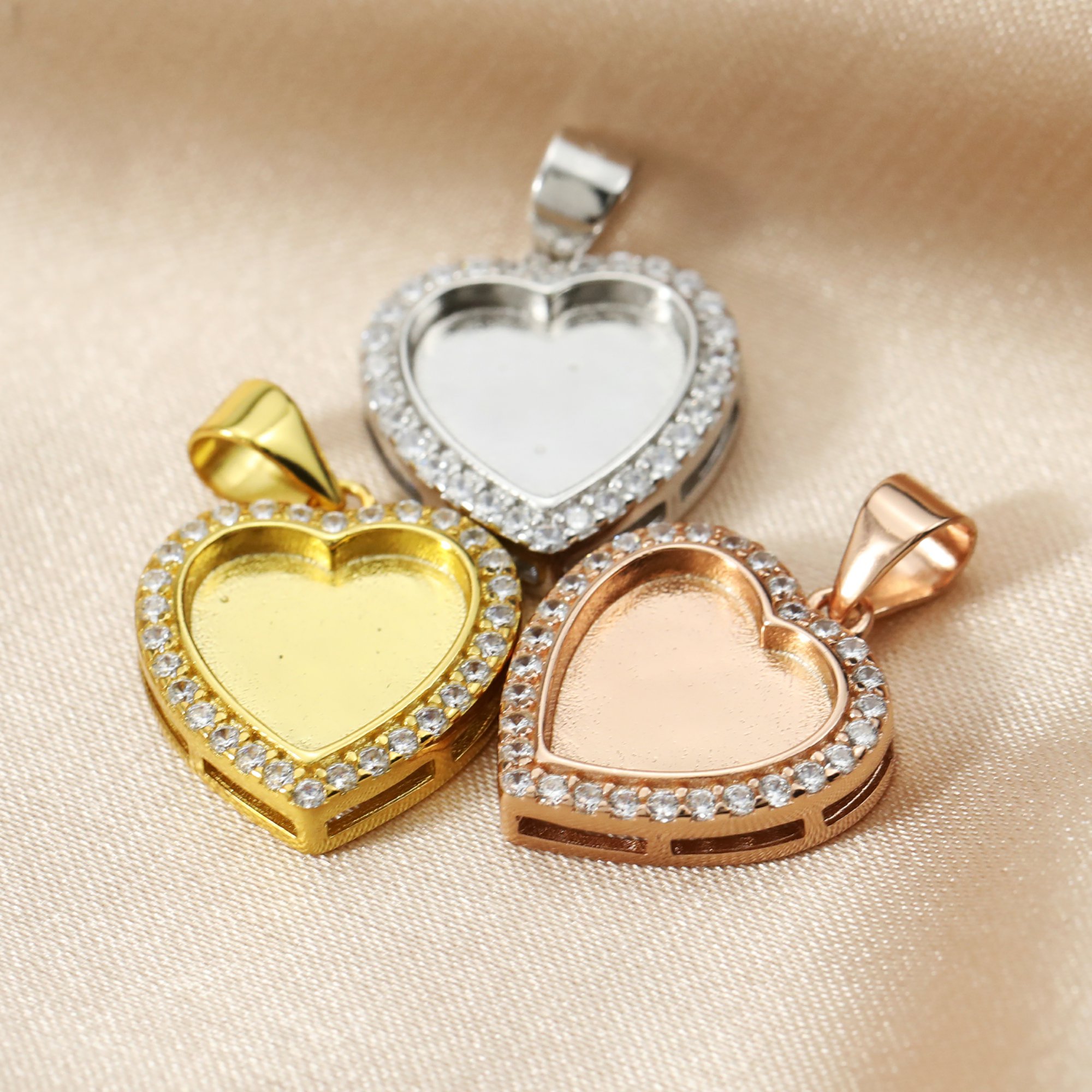 10MM Halo Heart Keepsake Breast Milk Bezel Settings for Resin Solid 925 Sterling Silver Rose Gold Plated DIY Pendant Bezel 1431121 - Click Image to Close