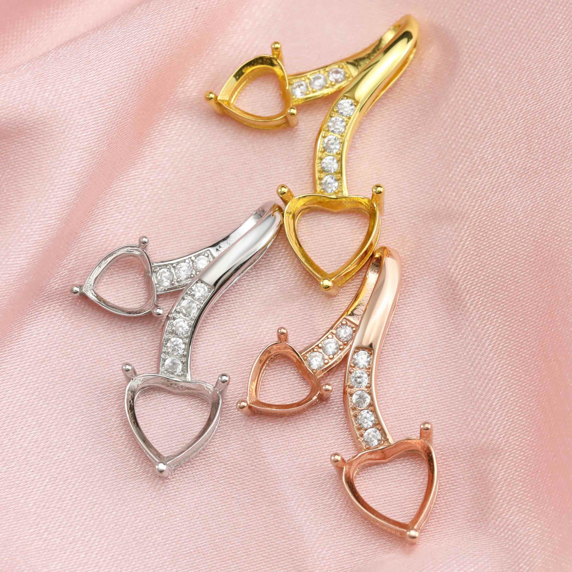 6/8MM Heart Prong Pendant Settings Solid 14K/18K Gold Bezel Two Stones Charm for DIY Gemstone Memory Jewelry Supplies 1431129-1 - Click Image to Close