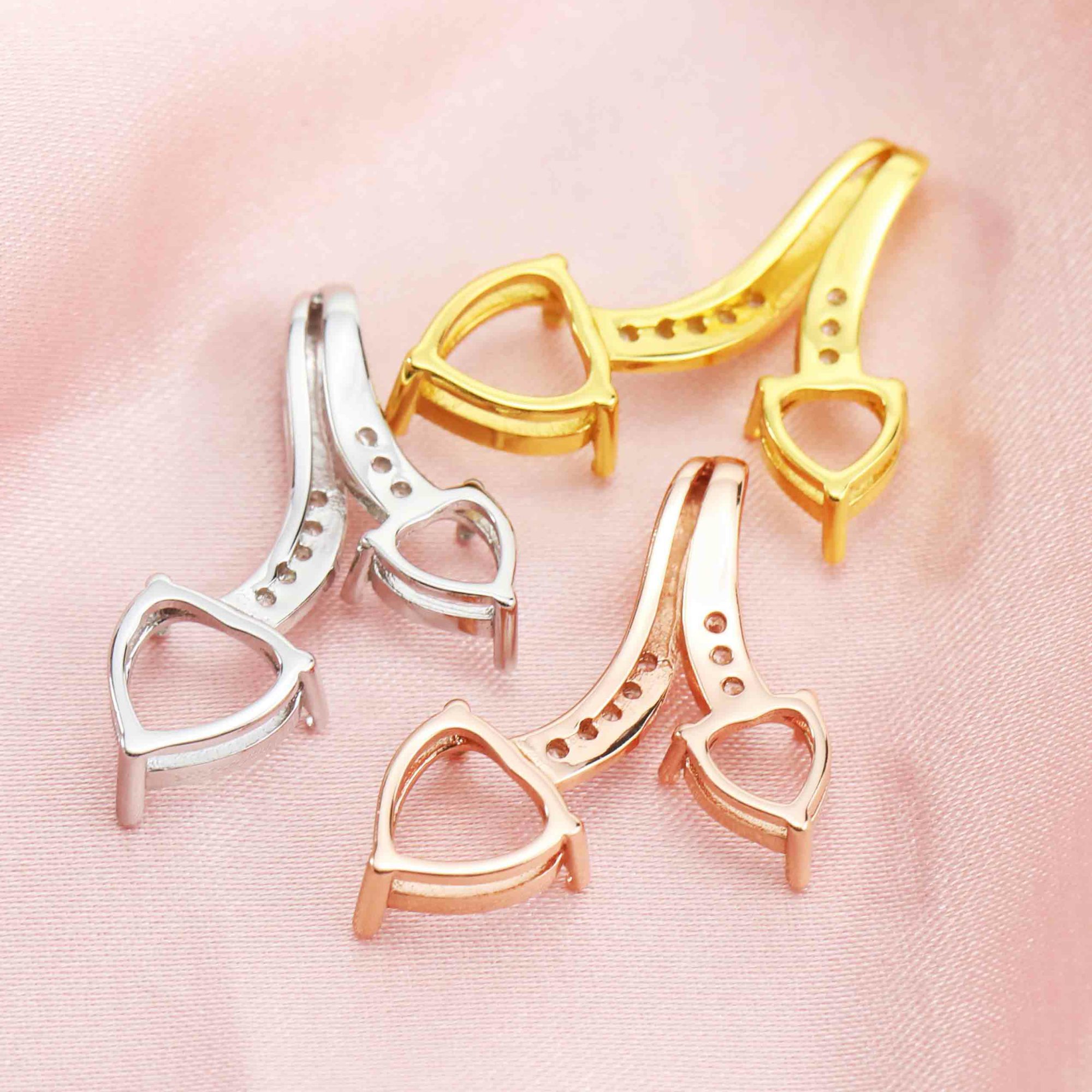 6/8MM Heart Prong Pendant Settings Solid 14K/18K Gold Bezel Two Stones Charm for DIY Gemstone Memory Jewelry Supplies 1431129-1