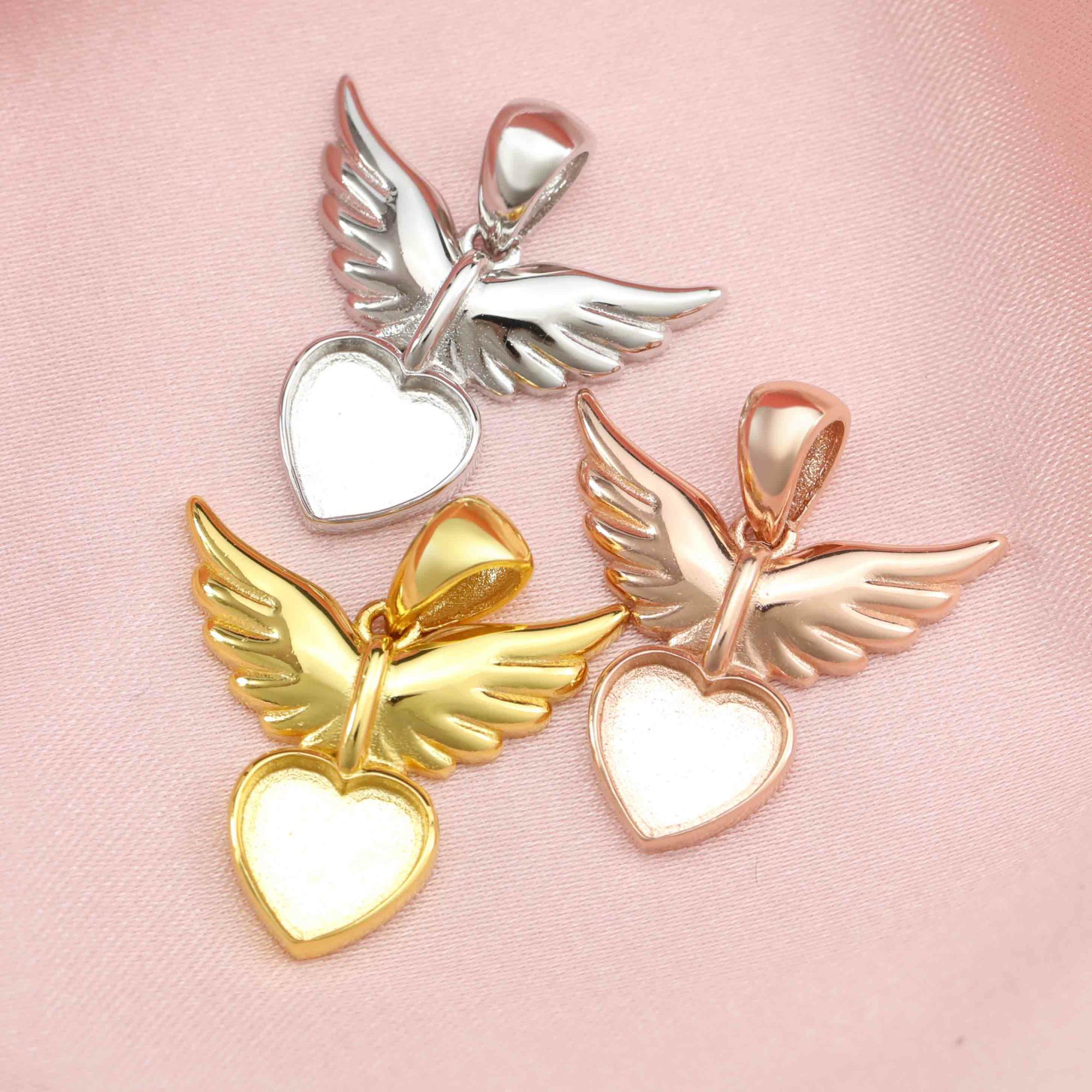 Keepsake Breast Milk Bezel 8MM Heart Pendant Settings Angel Wings Solid 14K/18K Gold DIY Memory Jewelry Supplies 1431131-1