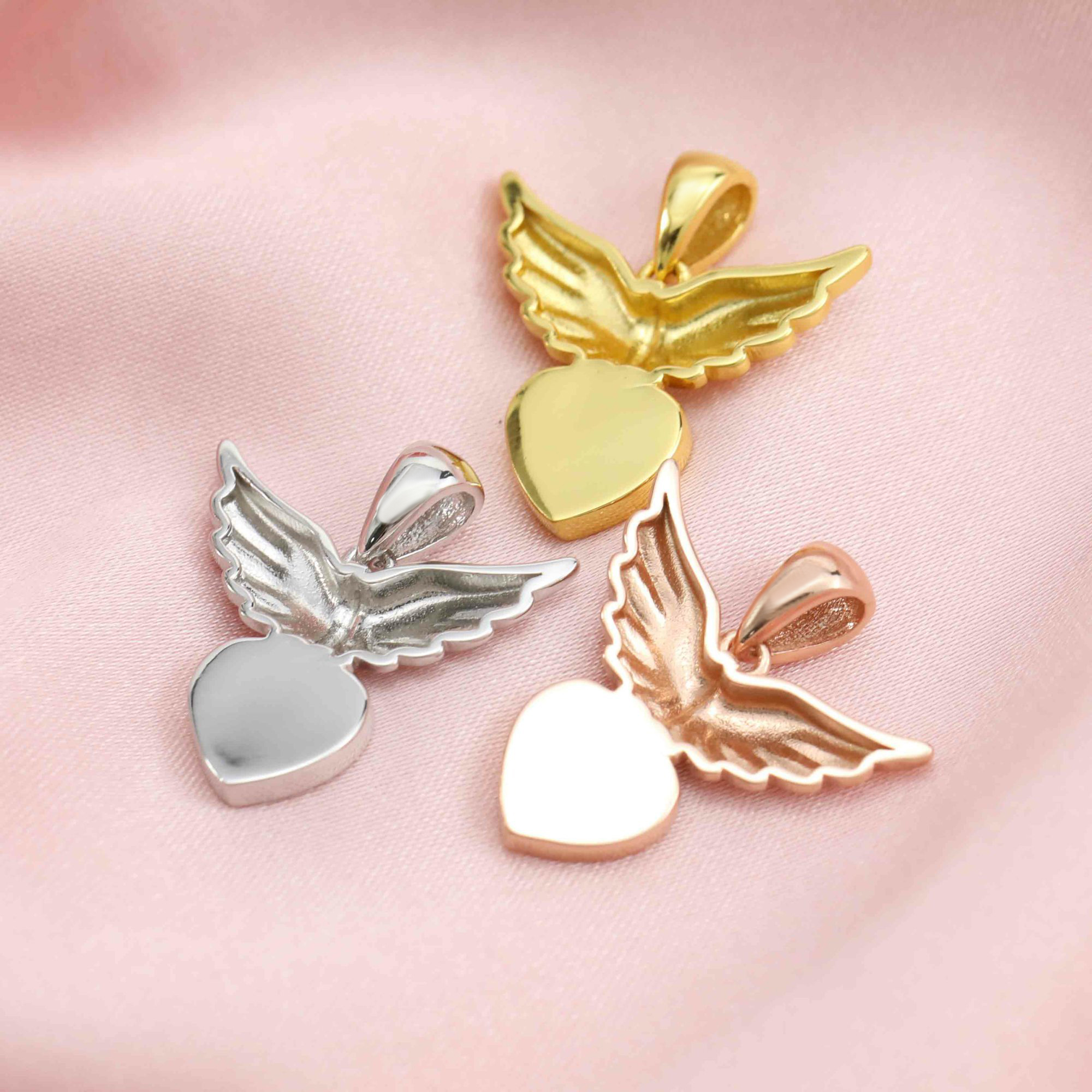 Keepsake Breast Milk Bezel 8MM Heart Pendant Settings Angel Wings Solid 14K/18K Gold DIY Memory Jewelry Supplies 1431131-1