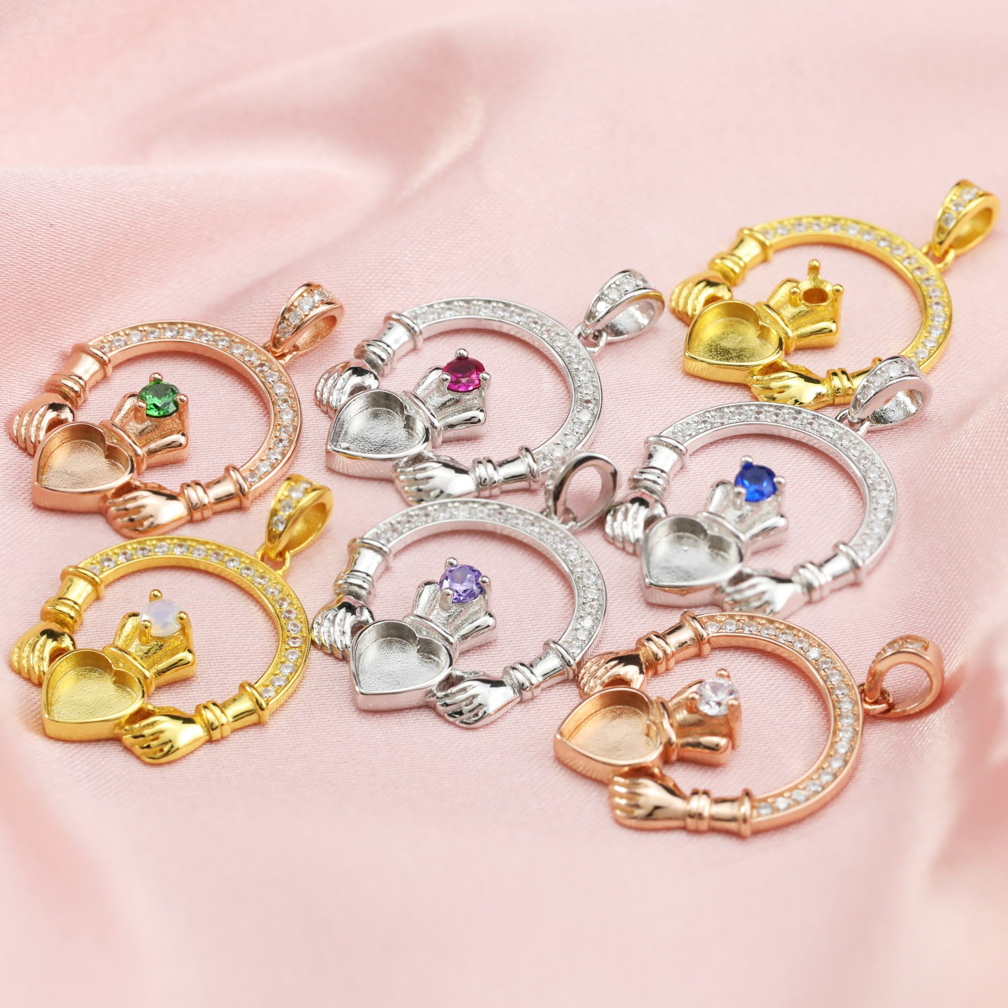 6MM Heart Claddagh Hand Keepsake Breast Milk Bezel Settings Birsthstone Solid 14K/18K Gold DIY Pendant Memory Jewelry Supplies 1431134-1