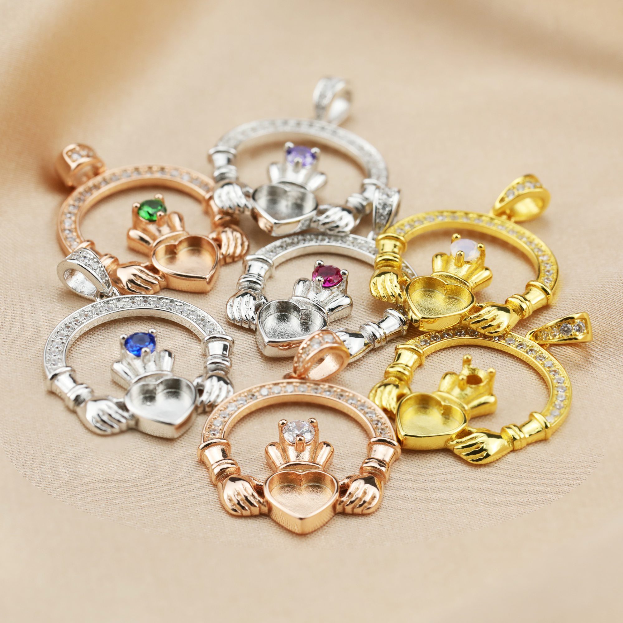 6MM Heart Claddagh Hands Keepsake Breast Milk Bezel Settings Color Birsthstone Rose Gold Plated Solid 925 Sterling Silver DIY Pendant 1431134 - Click Image to Close
