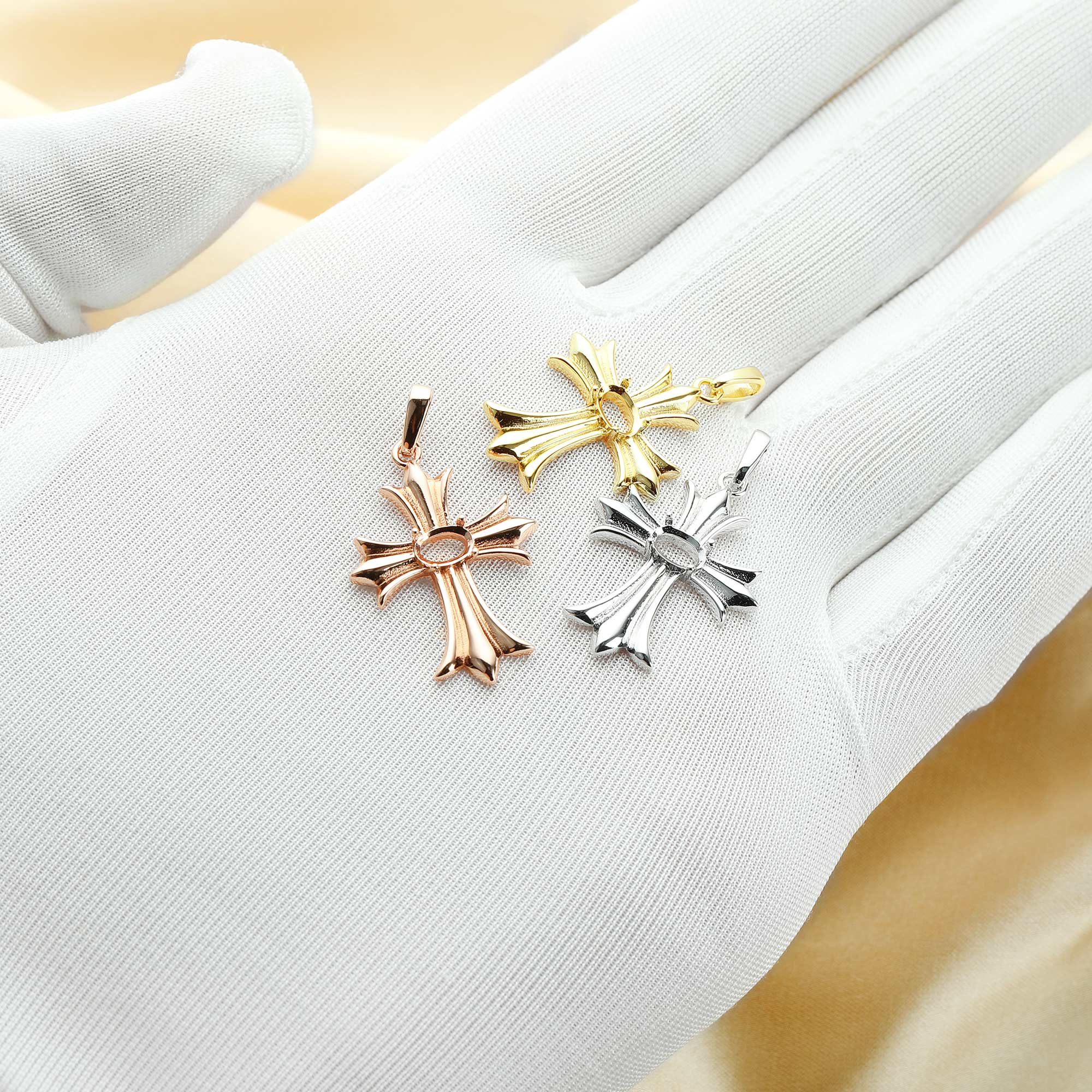 4x6MM Cross Oval Prong Pendant Settings,Cross Solid 925 Sterling Silver Rose Gold Plated Charm,Cross Art Deco Pendant Charm,DIY Jewelry Supplies 1431147