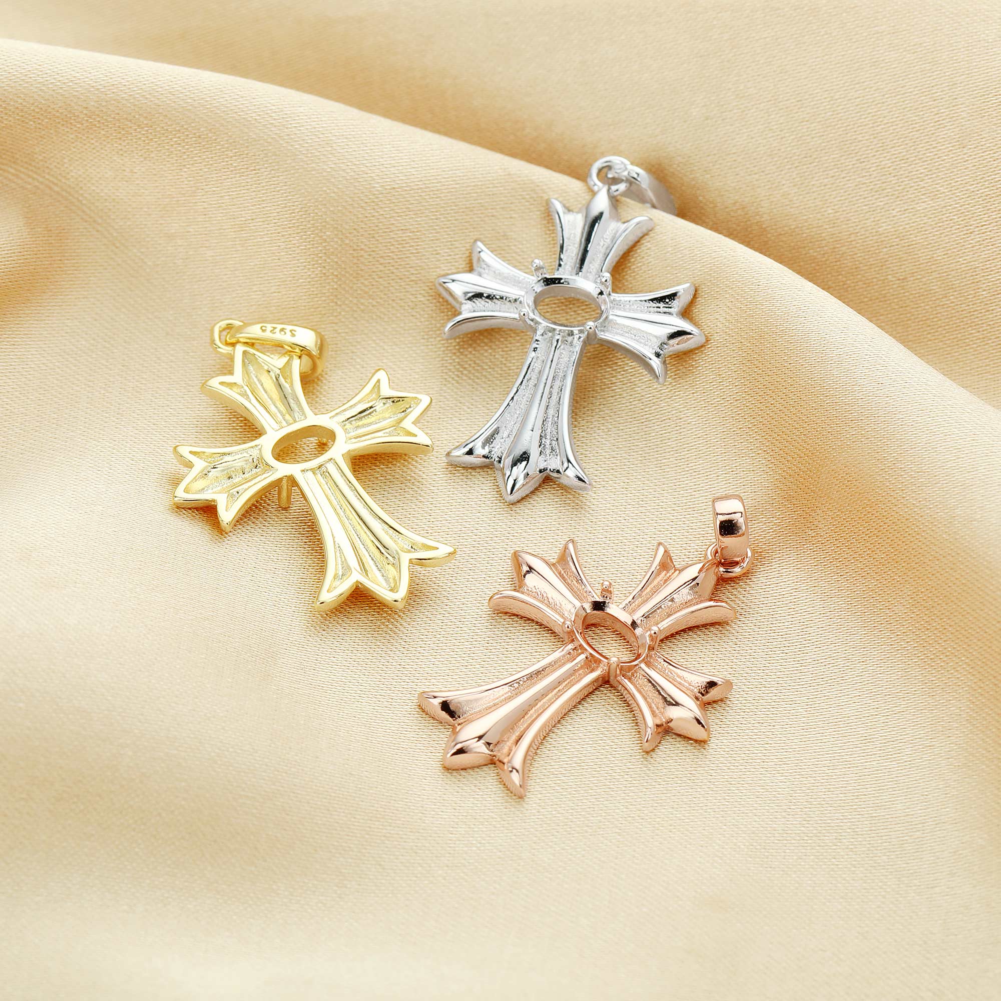 4x6MM Cross Oval Prong Pendant Settings,Cross Solid 925 Sterling Silver Rose Gold Plated Charm,Cross Art Deco Pendant Charm,DIY Jewelry Supplies 1431147