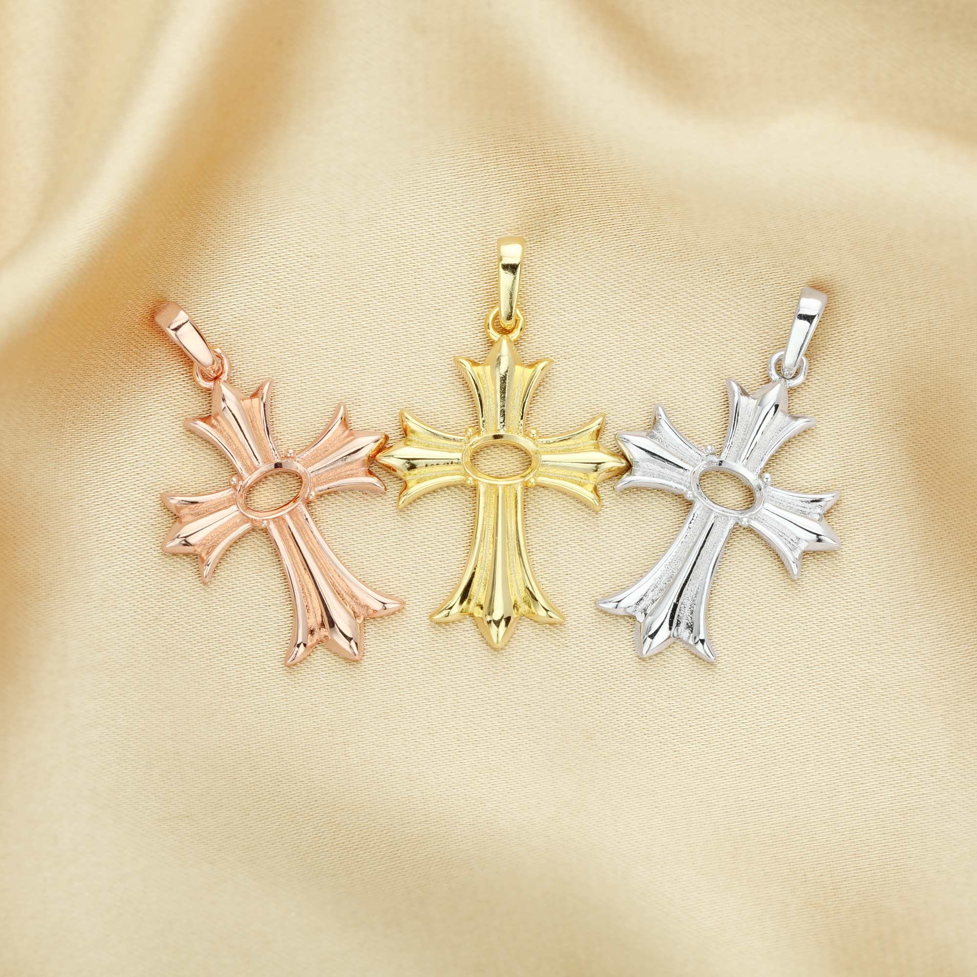 4x6MM Cross Oval Prong Pendant Settings,Cross Solid 925 Sterling Silver Rose Gold Plated Charm,Cross Art Deco Pendant Charm,DIY Jewelry Supplies 1431147