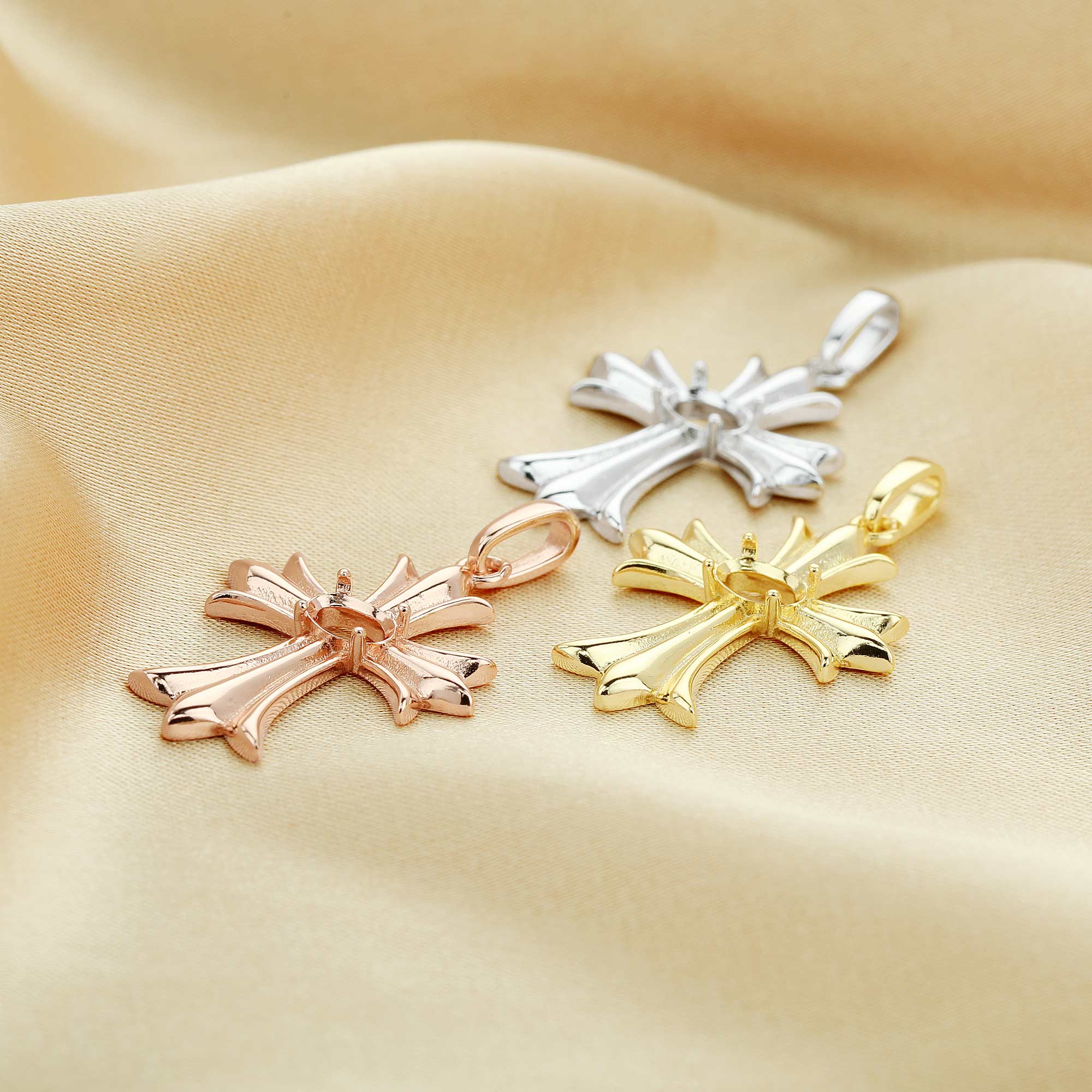 4x6MM Cross Oval Prong Pendant Settings,Cross Solid 925 Sterling Silver Rose Gold Plated Charm,Cross Art Deco Pendant Charm,DIY Jewelry Supplies 1431147