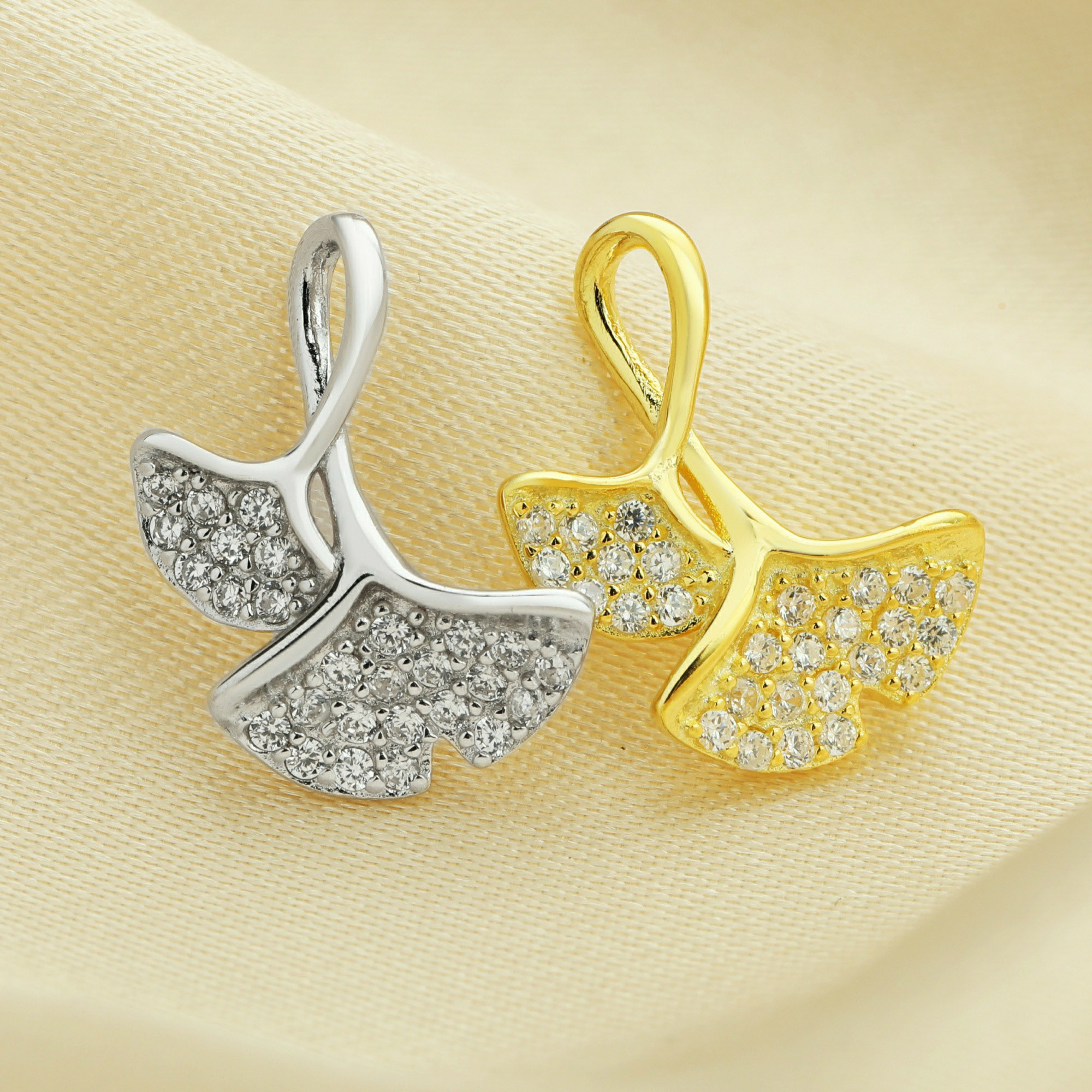 12MM Pave CZ Stone Ginkgo Biloba Leaf Charm,Solid 925 Sterling Silver Gold Plated Pendant Charm,DIY Charm Supplies 1431189 - Click Image to Close