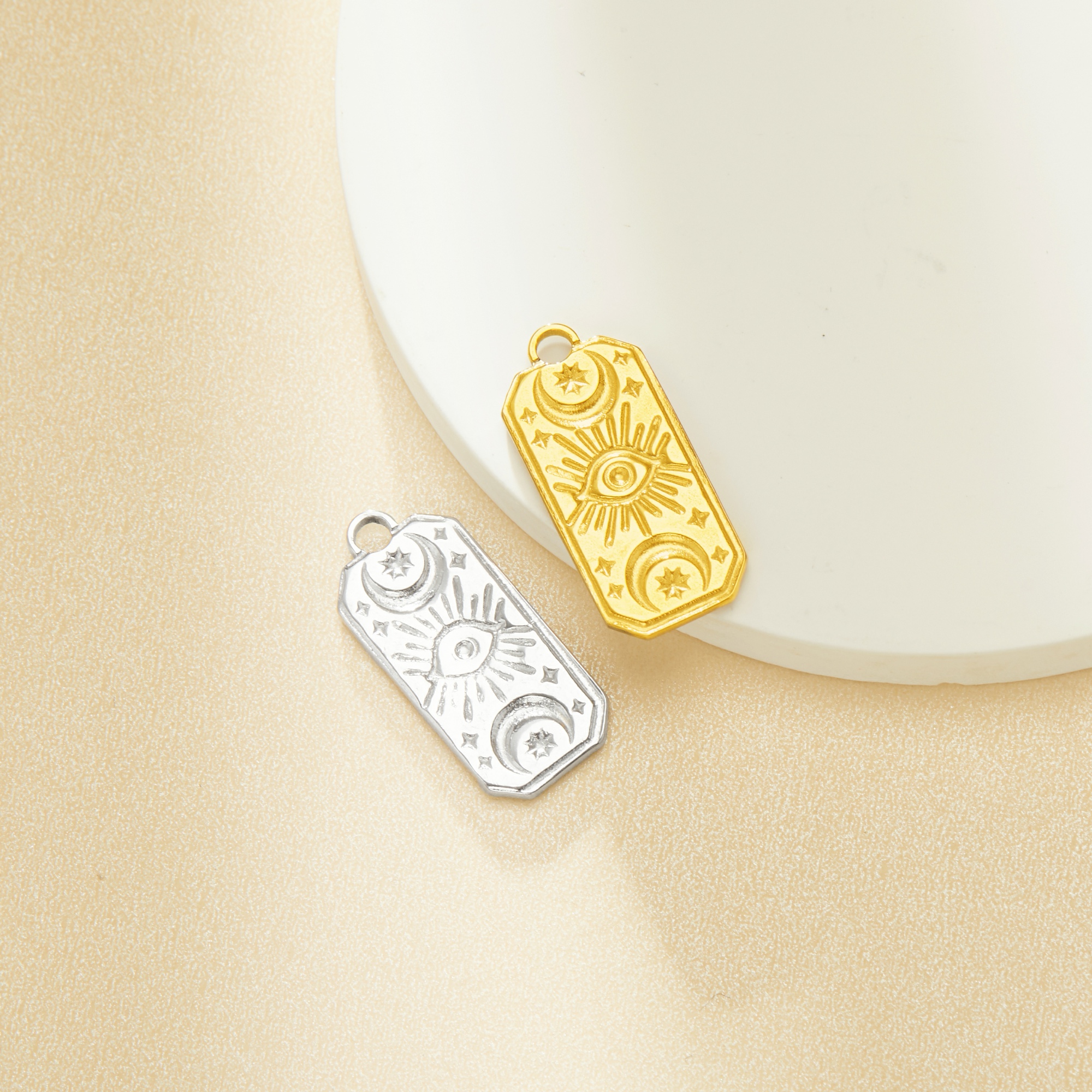 Stainless Steel Sun Moon Eye Rectangle Pendant Charm,Yellow Gold Plated Stainless Steel Pendant,Vintage Styles Pendant Blank 1431444 - Click Image to Close