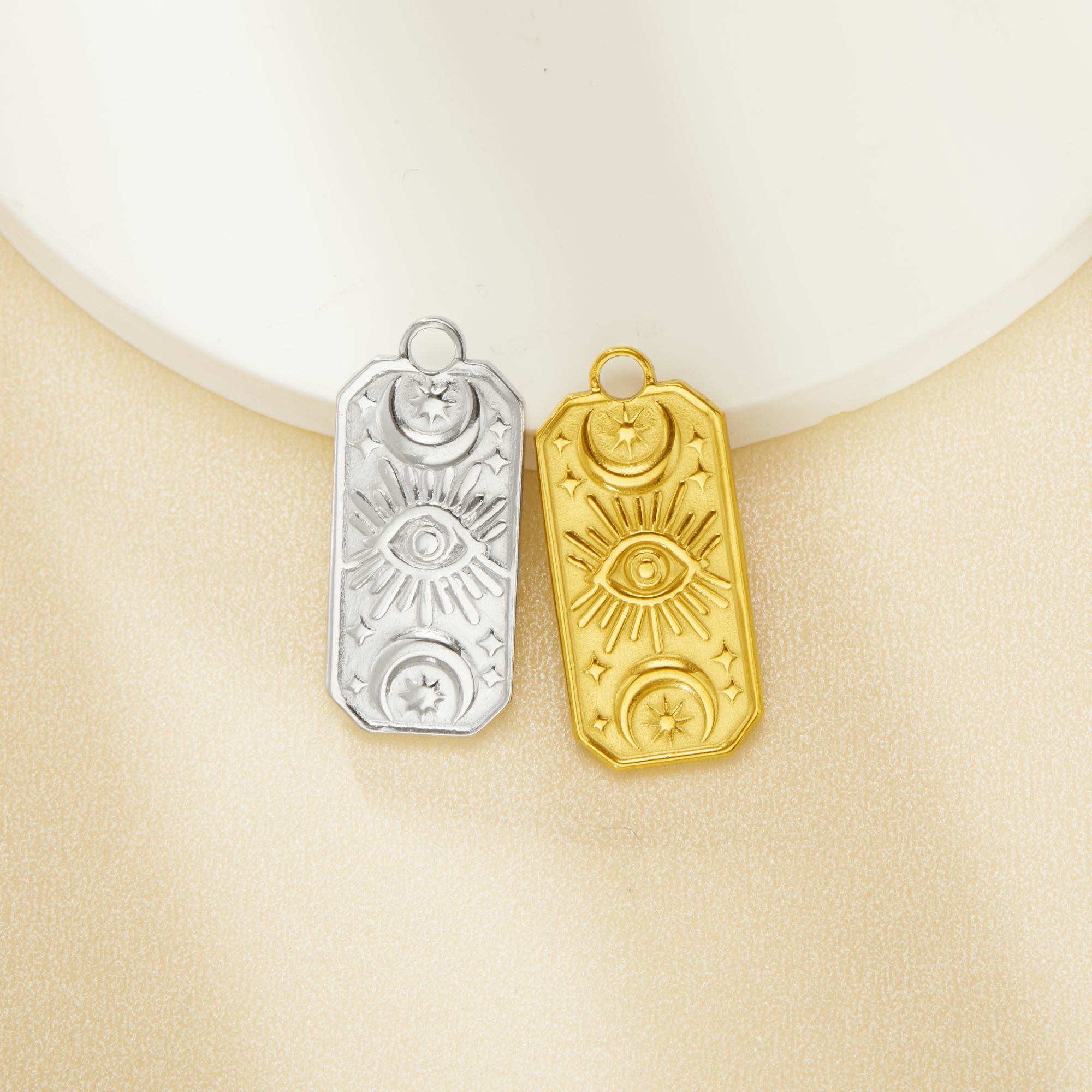 Stainless Steel Sun Moon Eye Rectangle Pendant Charm,Yellow Gold Plated Stainless Steel Pendant,Vintage Styles Pendant Blank 1431444 - Click Image to Close