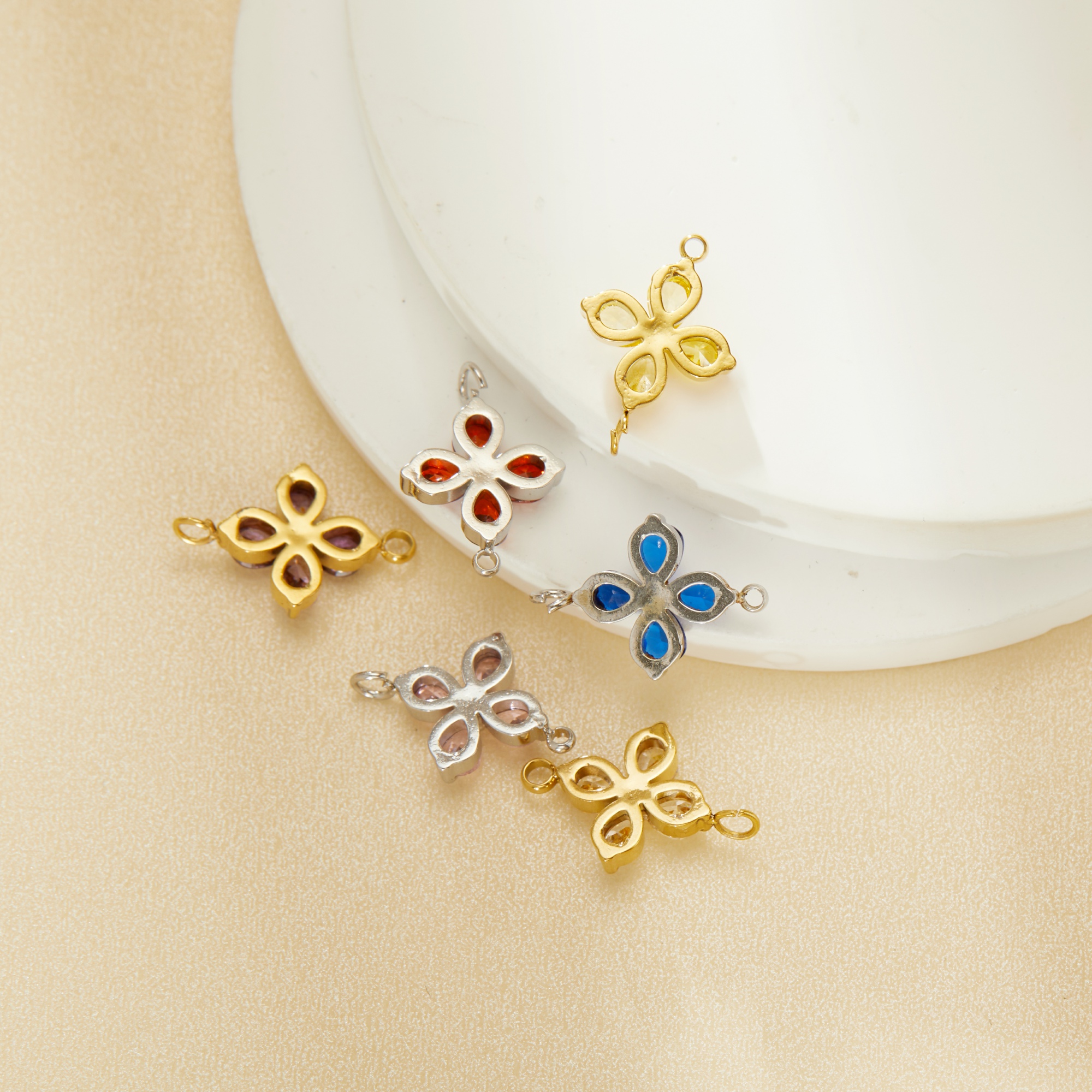 Two Loops Lucky Four Leaf Clover CZ Birthstone Stainless Steel Charm,Color Stone Leaf Clover Pendant Charm,Minimalist Gold Plated Pendant Charm 1431461 - Click Image to Close