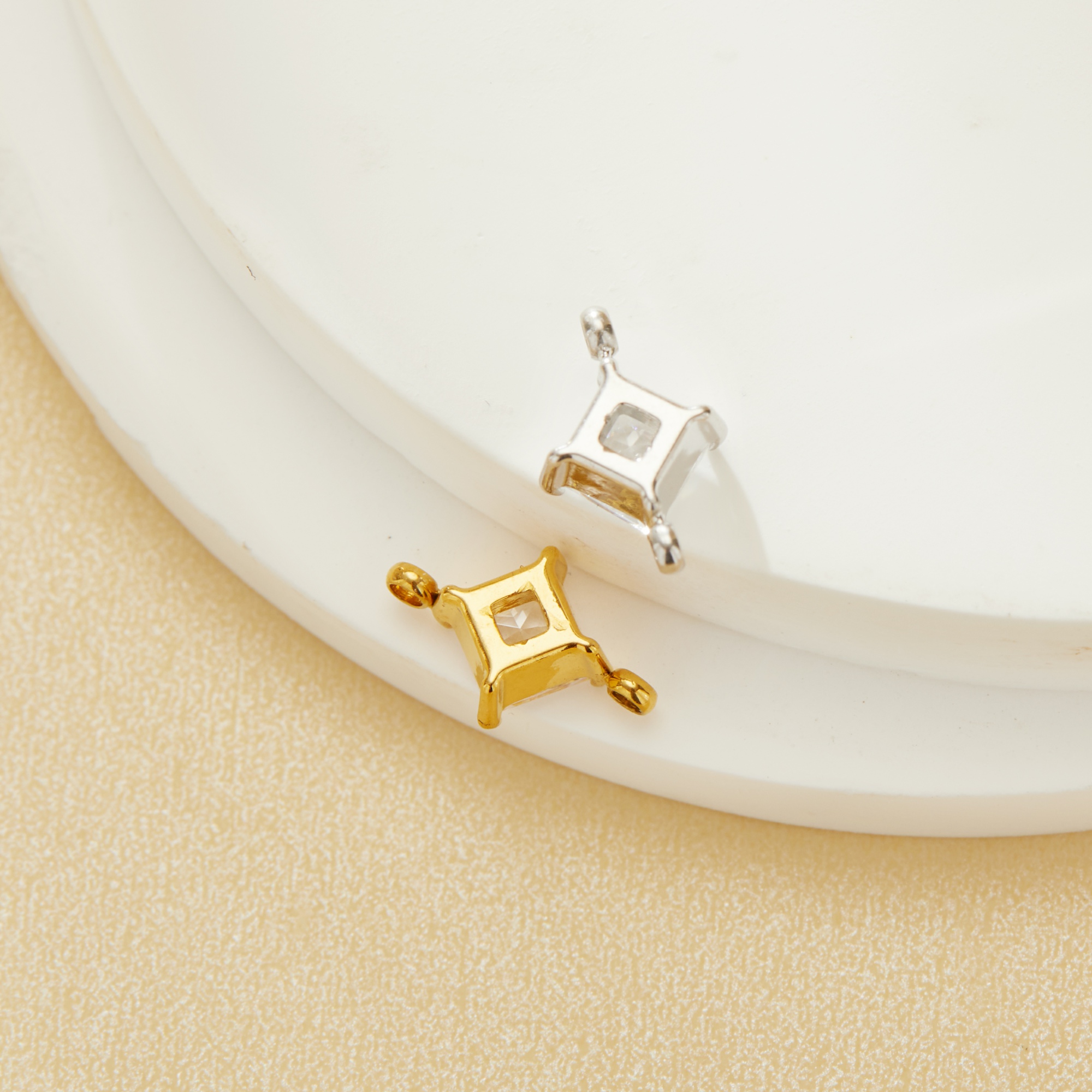 Princess Cut Square White CZ Stone Stainless Steel Charm,Square Pendant Charm With Two Loops,Minimalist Gold Plated Pendant Charm 1431462 - Click Image to Close