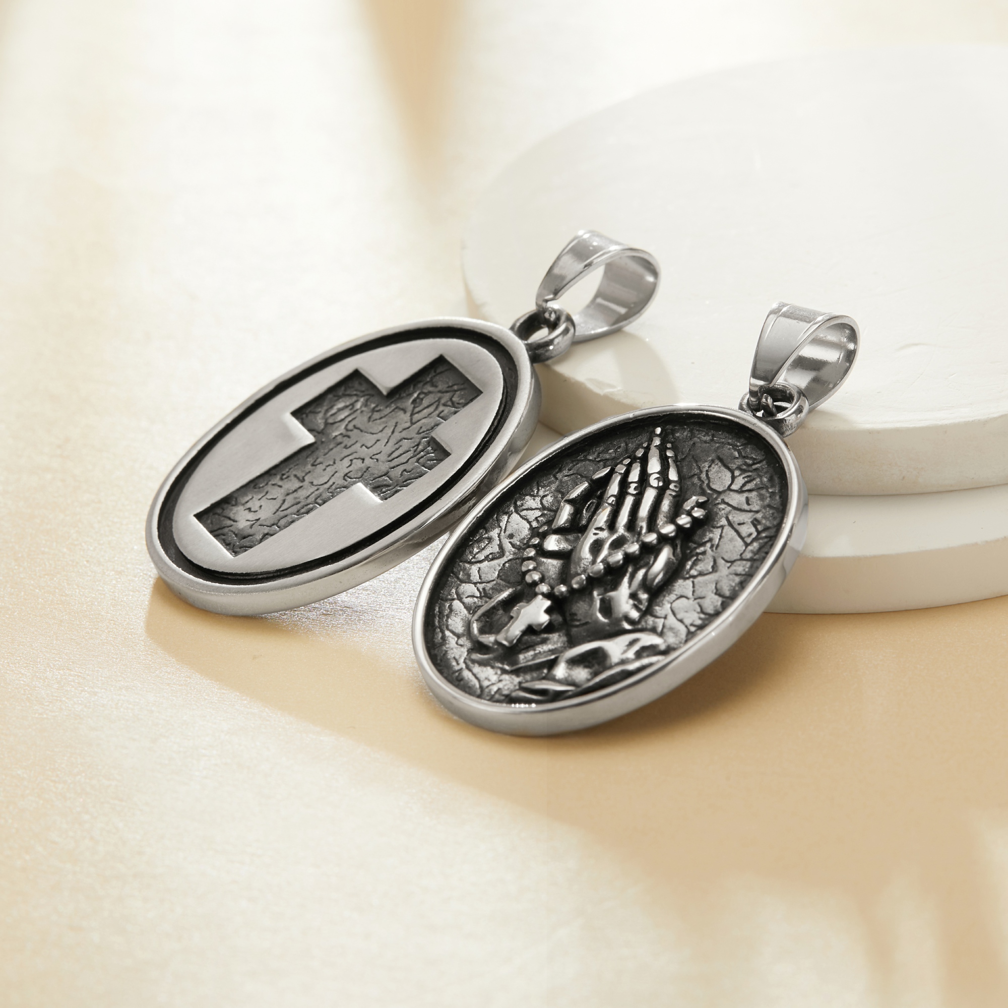 Stainless Steel Praying Hands Cross Pendant,Oval Cross Praying Hands Signet Pendant,Men's Silver Pendant Charm,DIY Pendant Supplies 1431465 - Click Image to Close