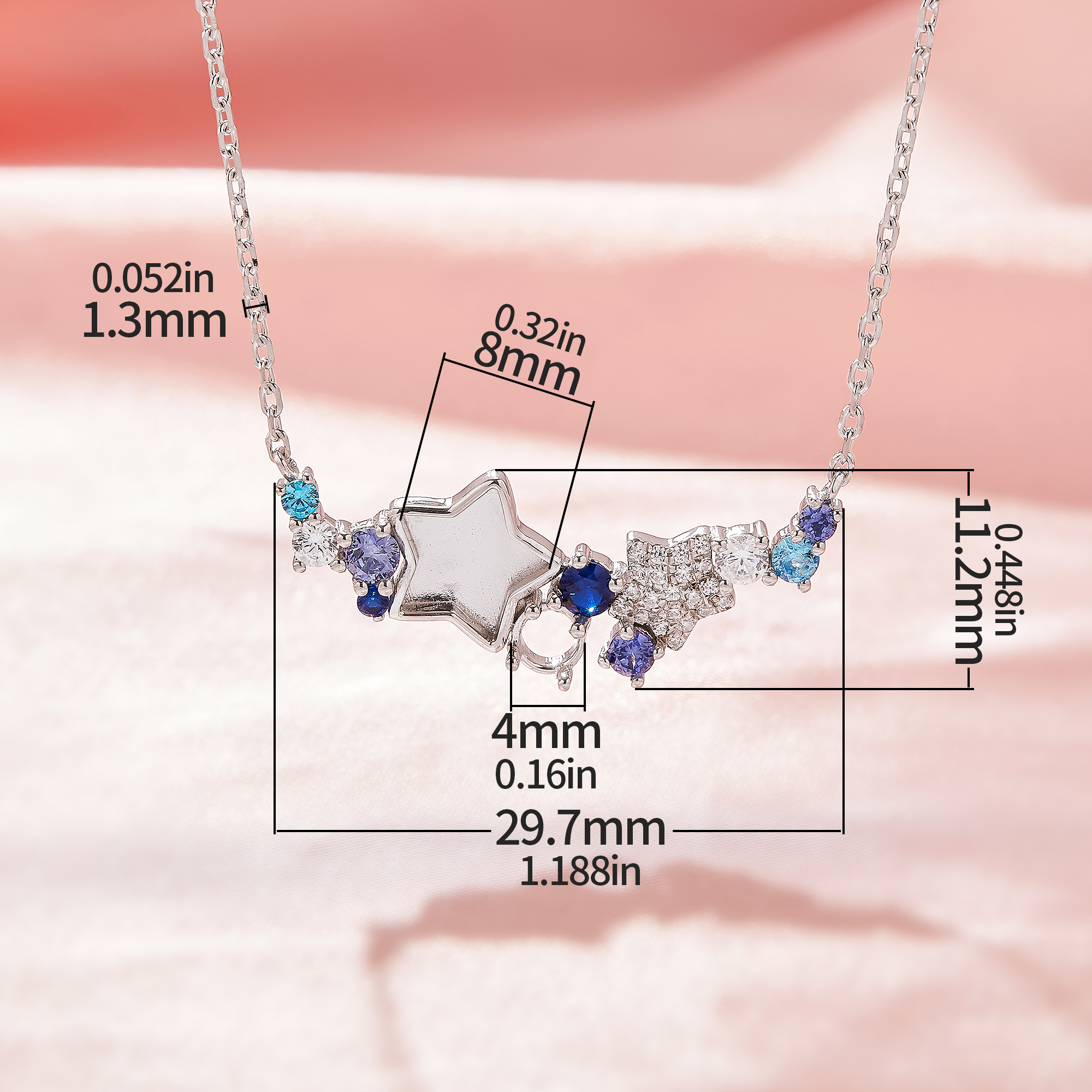 Keepsake Breast Milk Resin Star Bezel Pendant Blank Settings Necklace,Color CZ Stone Settings,Solid 925 Sterling Silver Necklace 16''+2'' 1431483-1