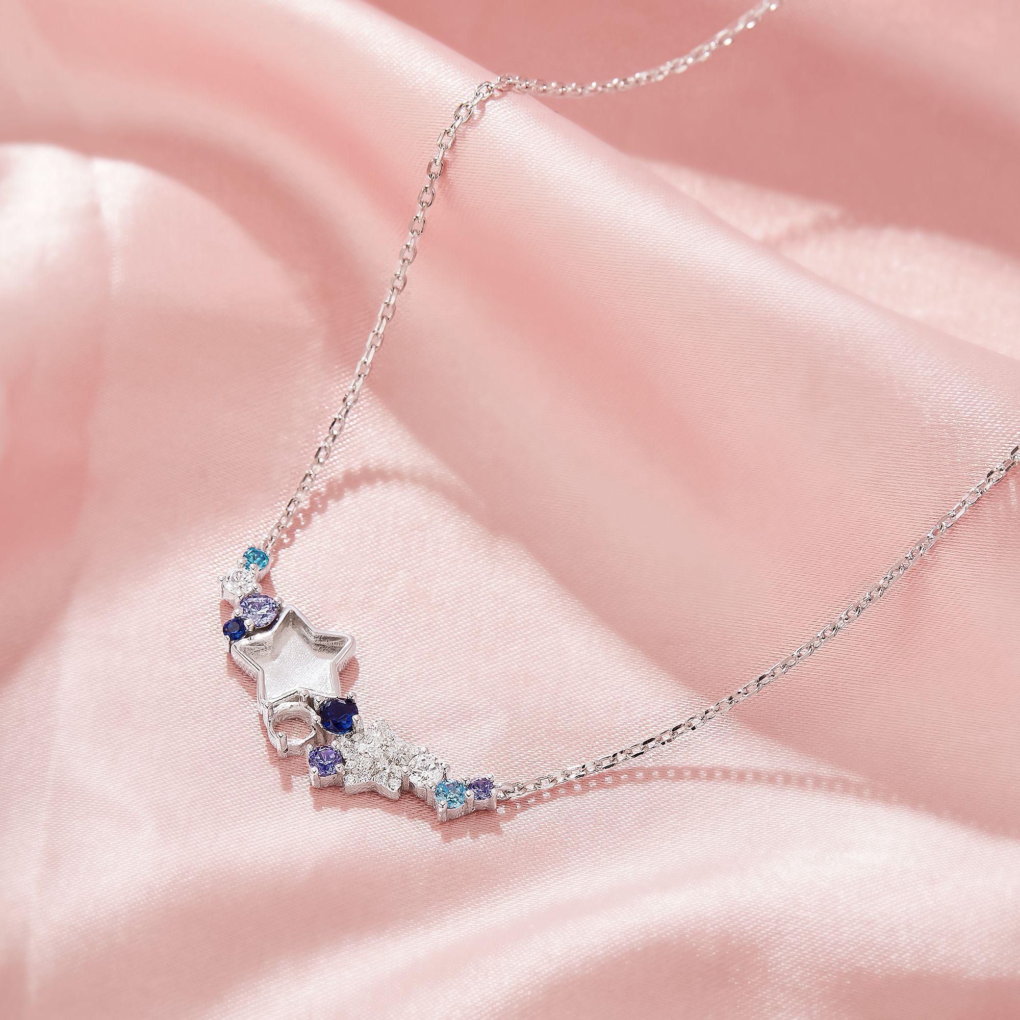 Keepsake Breast Milk Resin Star Bezel Pendant Blank Settings Necklace,Color CZ Stone Settings,Solid 925 Sterling Silver Necklace 16''+2'' 1431483-1