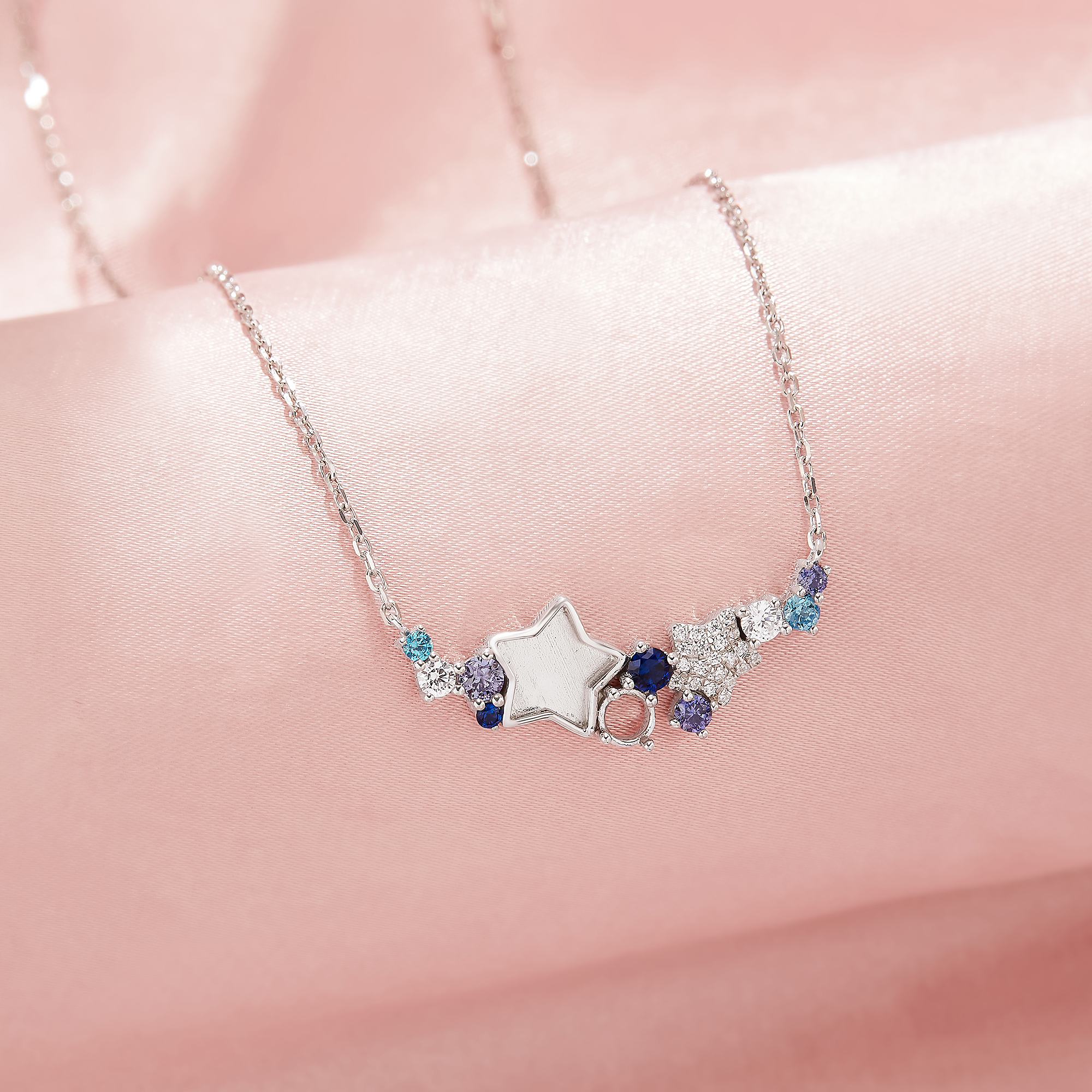 Keepsake Breast Milk Resin Star Bezel Pendant Blank Settings Necklace,Color CZ Stone Settings,Solid 925 Sterling Silver Necklace 16''+2'' 1431483-1