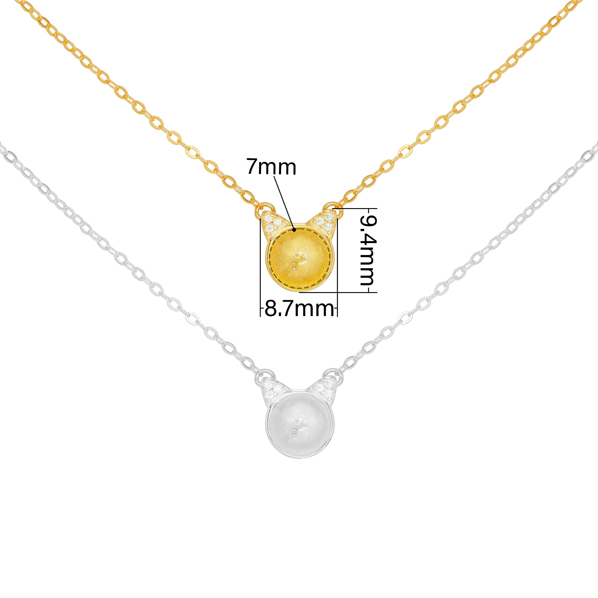 Keepsake Breast Milk Resin Ball Round Pin Pendant Necklace Settings for 8-9MM Half Drilled Pearl Bead,Cat Art Deco Solid 925 Sterling Silver Gold Plated Chain Necklace 16''+2'' 1431498 - Click Image to Close