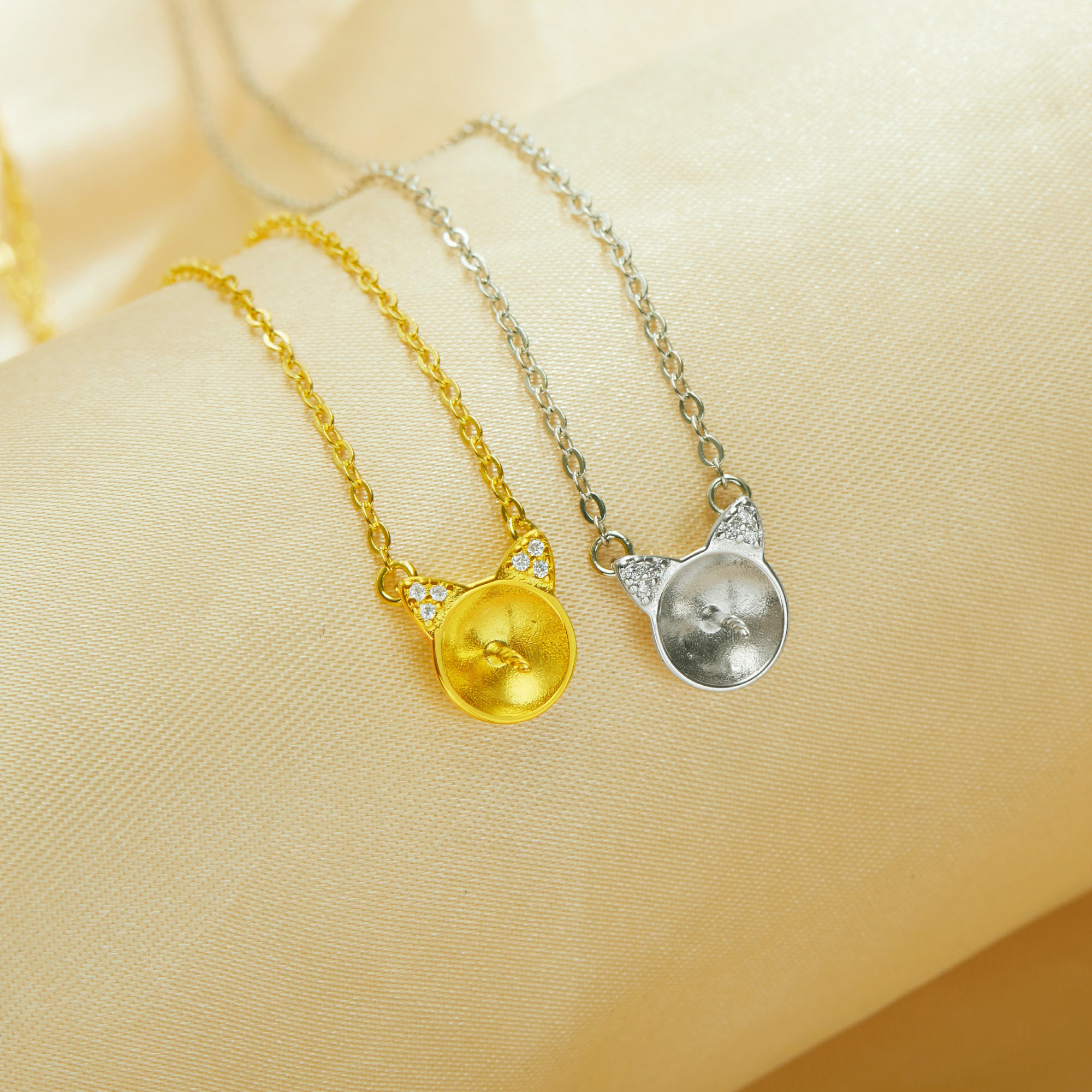 Keepsake Breast Milk Resin Ball Round Pin Pendant Necklace Settings for 8-9MM Half Drilled Pearl Bead,Cat Art Deco Solid 925 Sterling Silver Gold Plated Chain Necklace 16''+2'' 1431498 - Click Image to Close