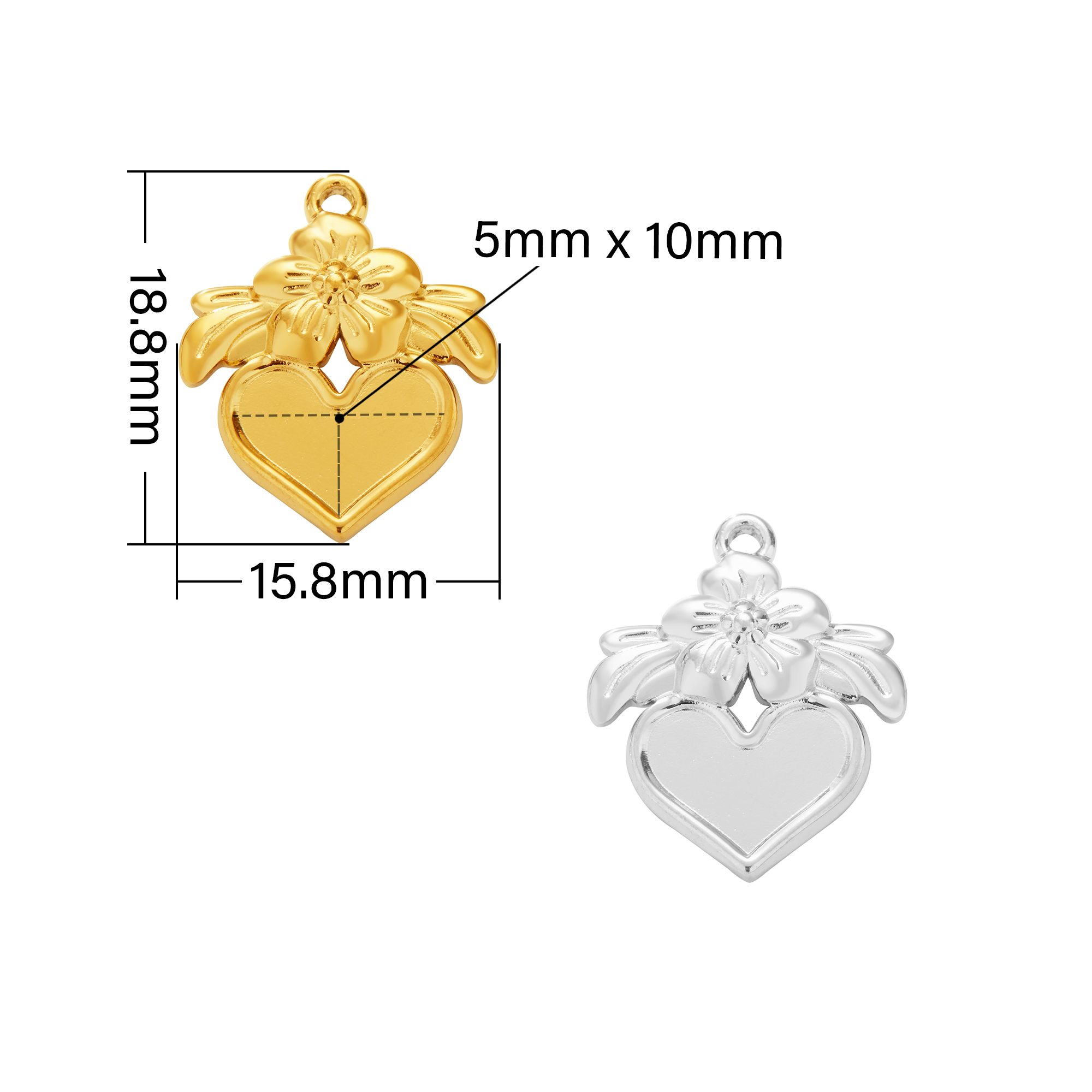 5x10MM Heart Bezel Stainless Steel Pendant Settings,Yellow Gold Silver Heart Pendant Charm,Flower Art Deco Heart Pendant,DIY Pendant Blank Supplies 1431518