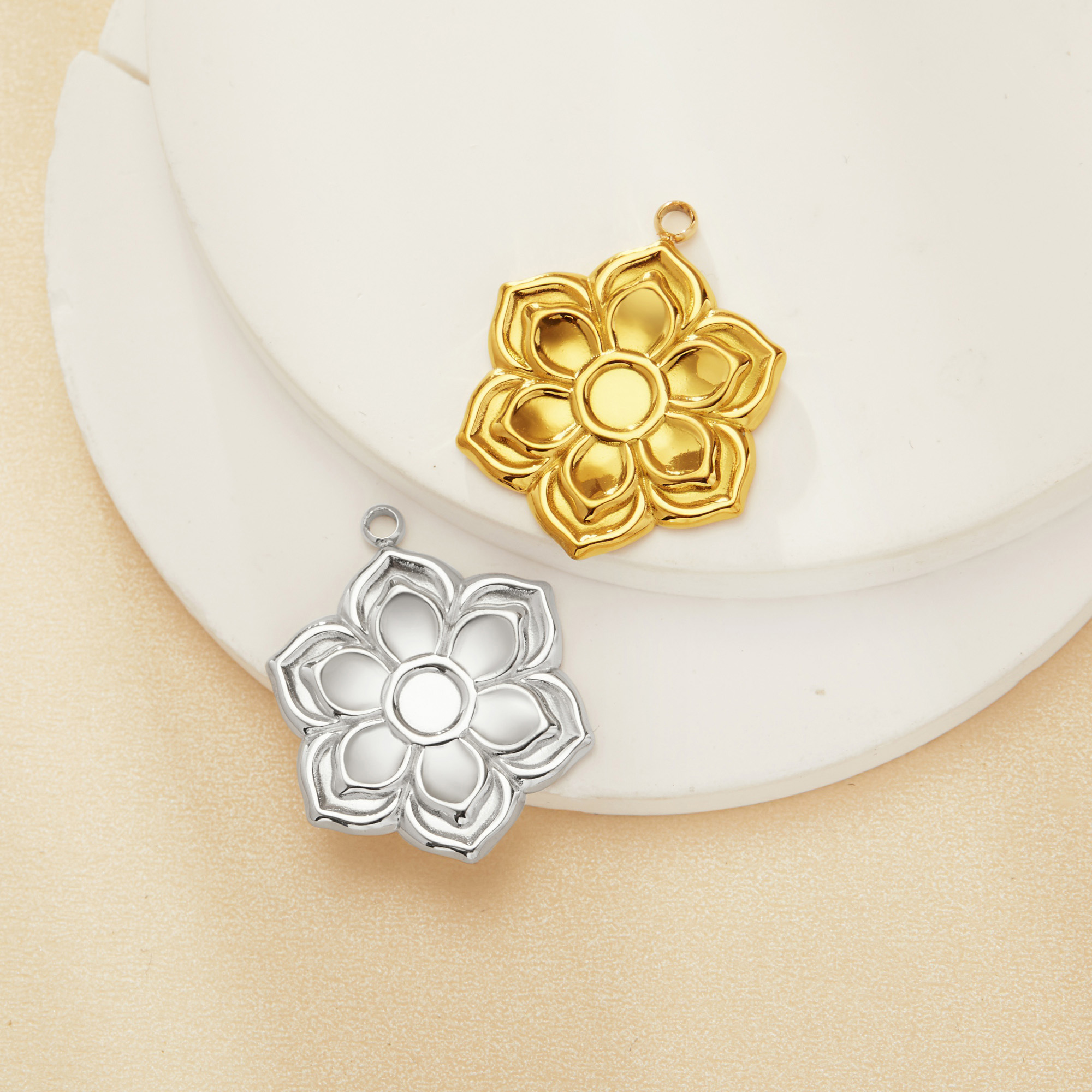 4MM Round Bezel Stainless Steel Pendant Settings,Yellow Gold Rhodium Pendant Charm,Art Deco Flower Pendant,DIY Pendant Blank Supplies 1431519