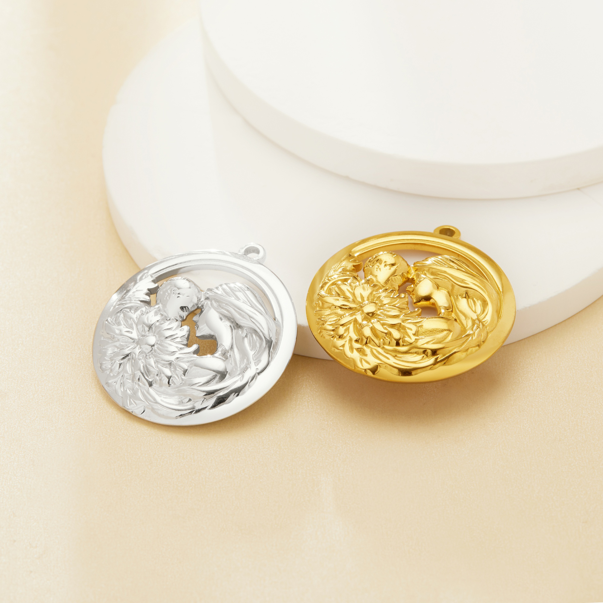 Mother and Baby Round Pendant Charm,Stainless Steel Flower Pendant,Art Deco Mom And Baby Pendant,DIY Pendant Supplies 1431541 - Click Image to Close