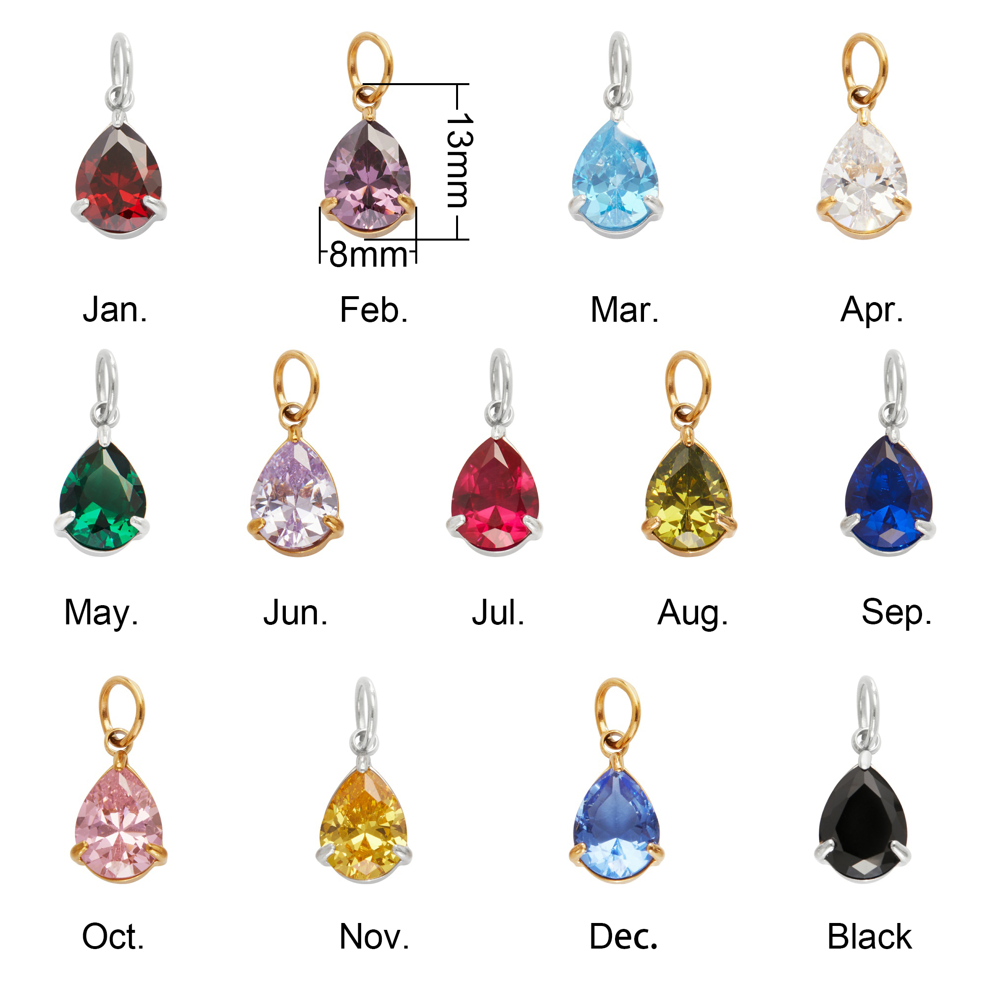 Simple Pear CZ Birthstone Pendant Charm,Color Stone Stainless Steel Minimalist Pendant Charm,DIY Pendant Charm Supplies 1431558