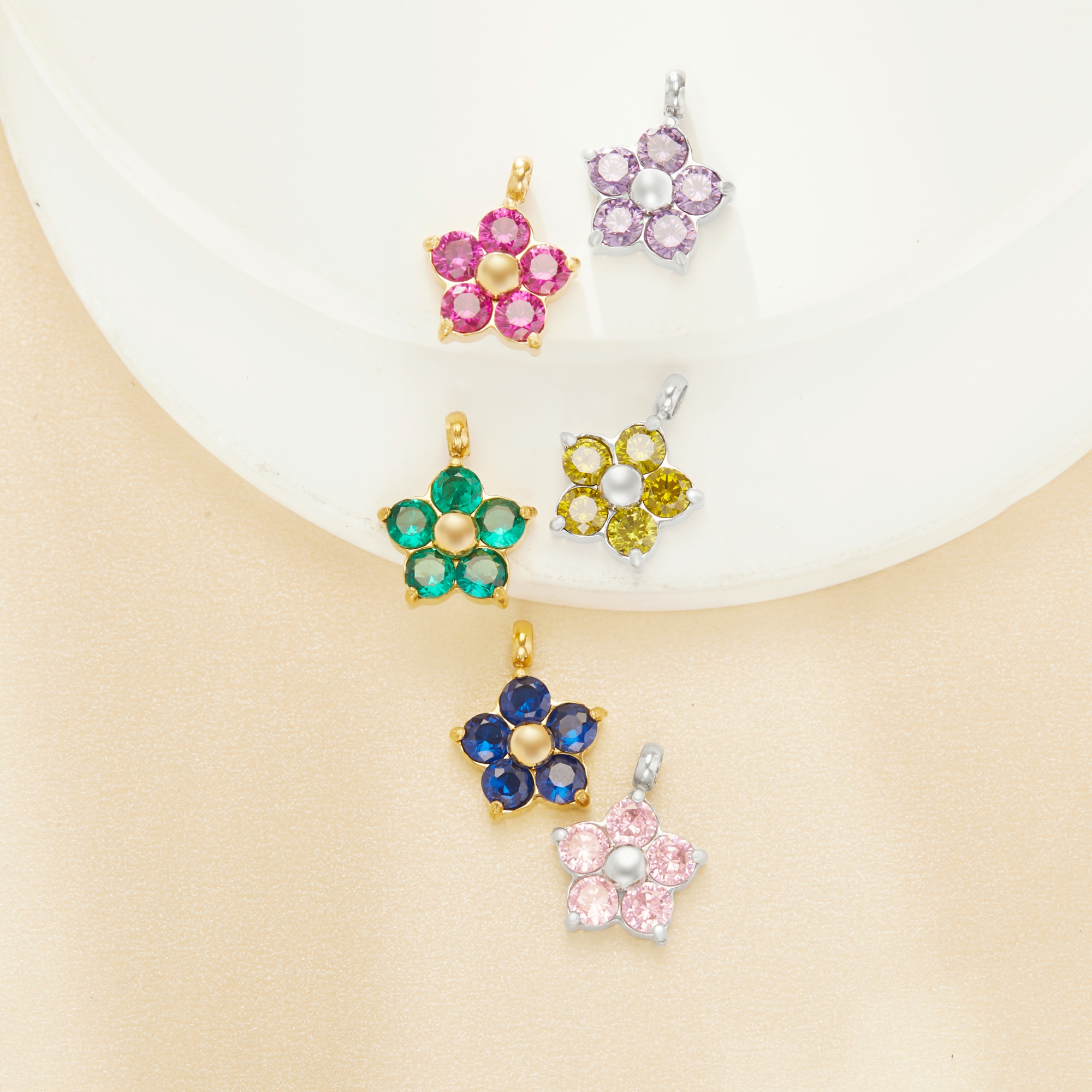 Round CZ Birthstone Flower Pendant Charm,Color Stone Stainless Steel Minimalist Pendant Charm,DIY Pendant Charm Supplies 1431559