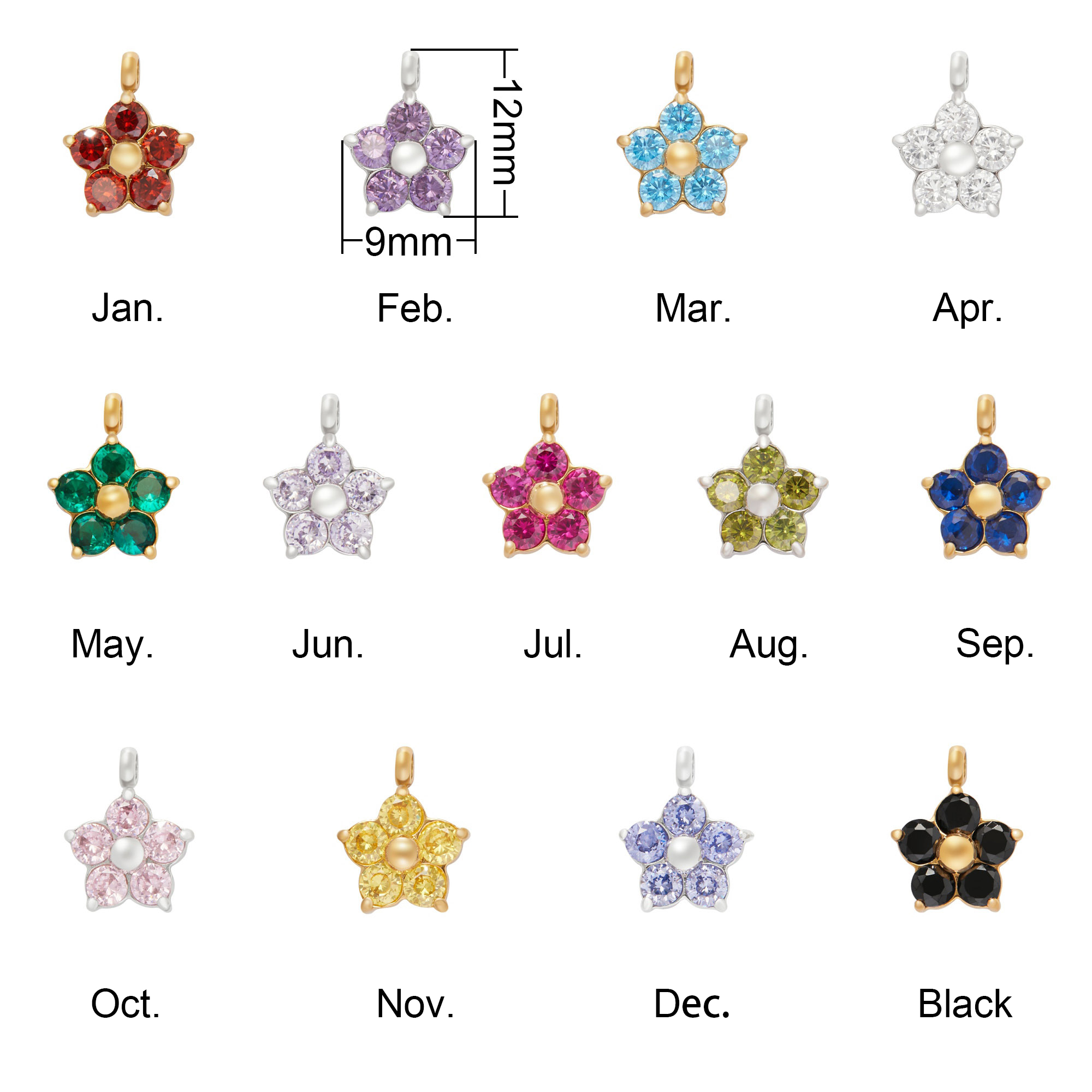 Round CZ Birthstone Flower Pendant Charm,Color Stone Stainless Steel Minimalist Pendant Charm,DIY Pendant Charm Supplies 1431559