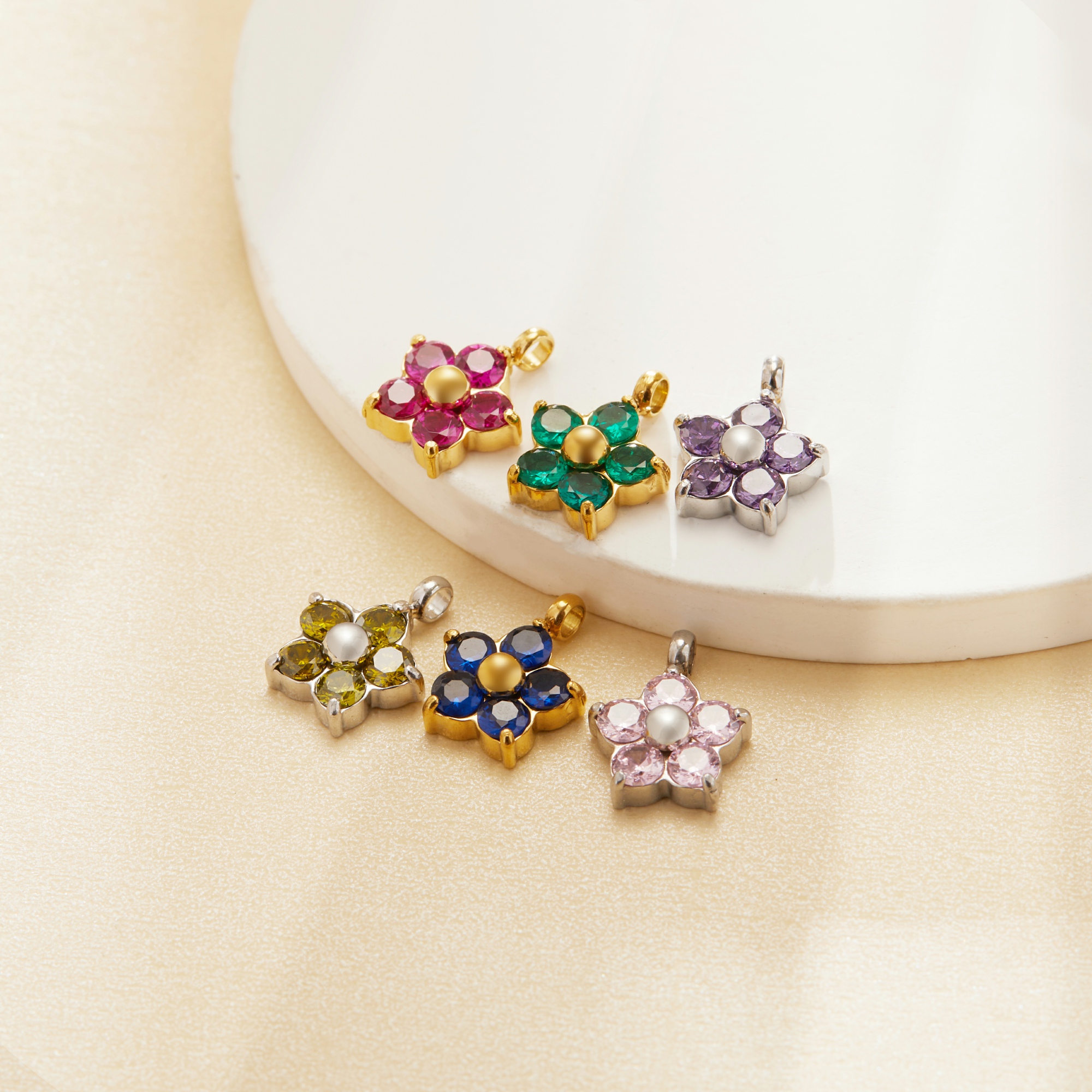 Round CZ Birthstone Flower Pendant Charm,Color Stone Stainless Steel Minimalist Pendant Charm,DIY Pendant Charm Supplies 1431559