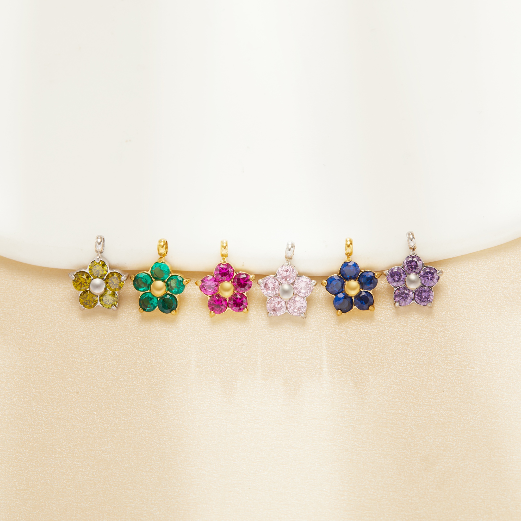 Round CZ Birthstone Flower Pendant Charm,Color Stone Stainless Steel Minimalist Pendant Charm,DIY Pendant Charm Supplies 1431559