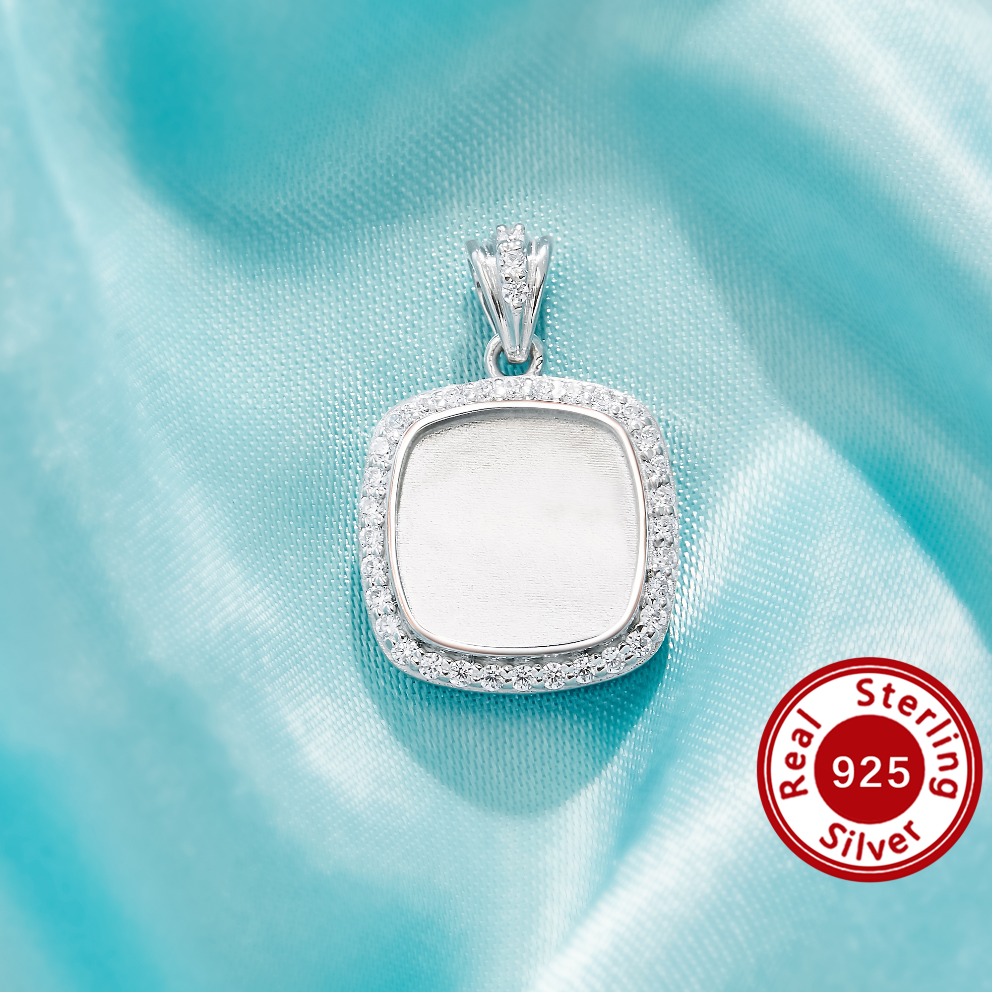 Keepsake Breast Milk Resin Cushion Square Bezel Pendant Settings,Solid 925 Sterling Silver Pendant Charm,Halo Pave CZ Stone Pendant,DIY Pendant Supplies 1431566-1